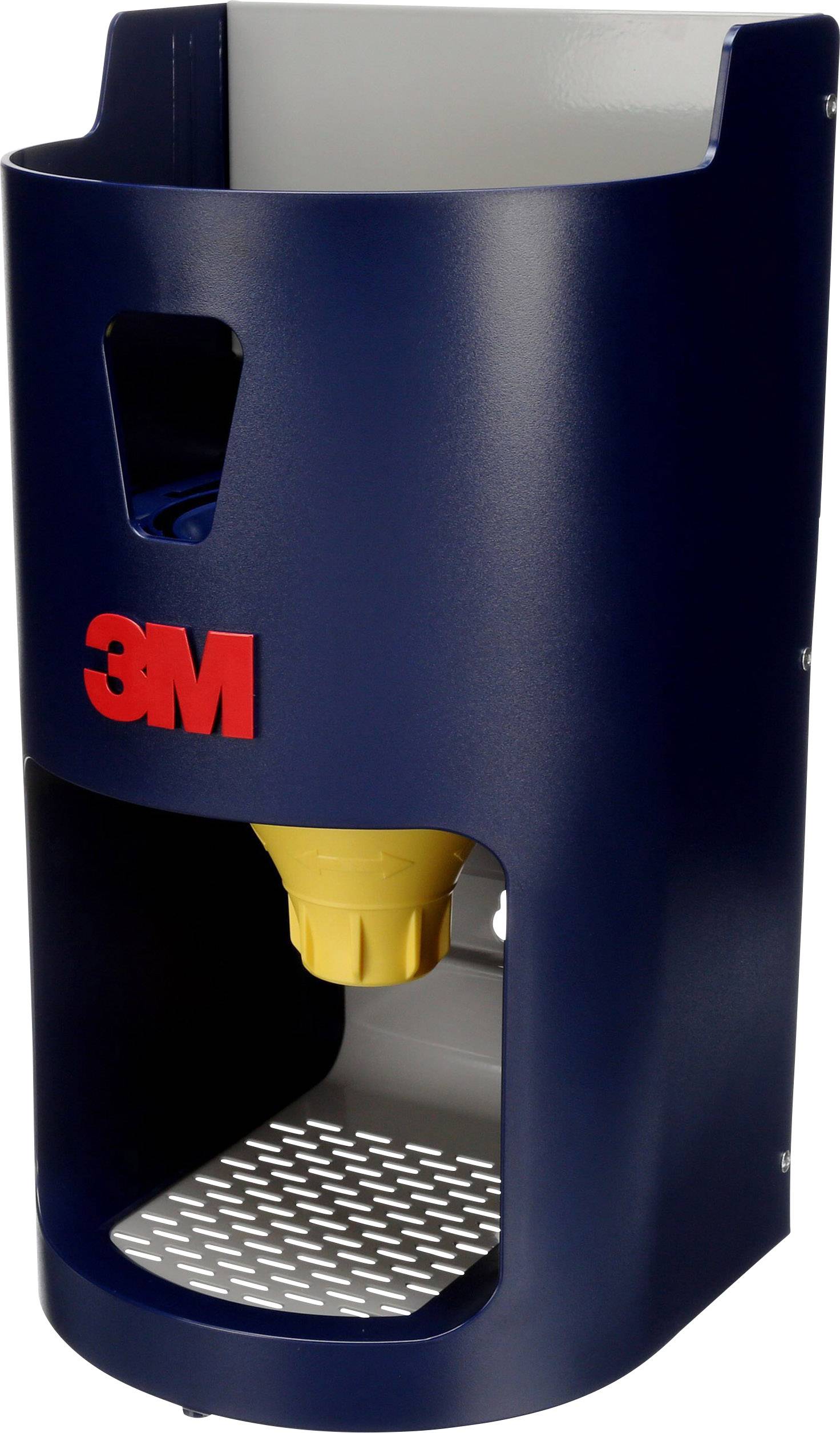 Ein blauer 3M-Spender für Gehörschutzstöpsel, mit einem gelben Drehmechanismus zur Ausgabe von Stöpseln, an einer Wand montiert.