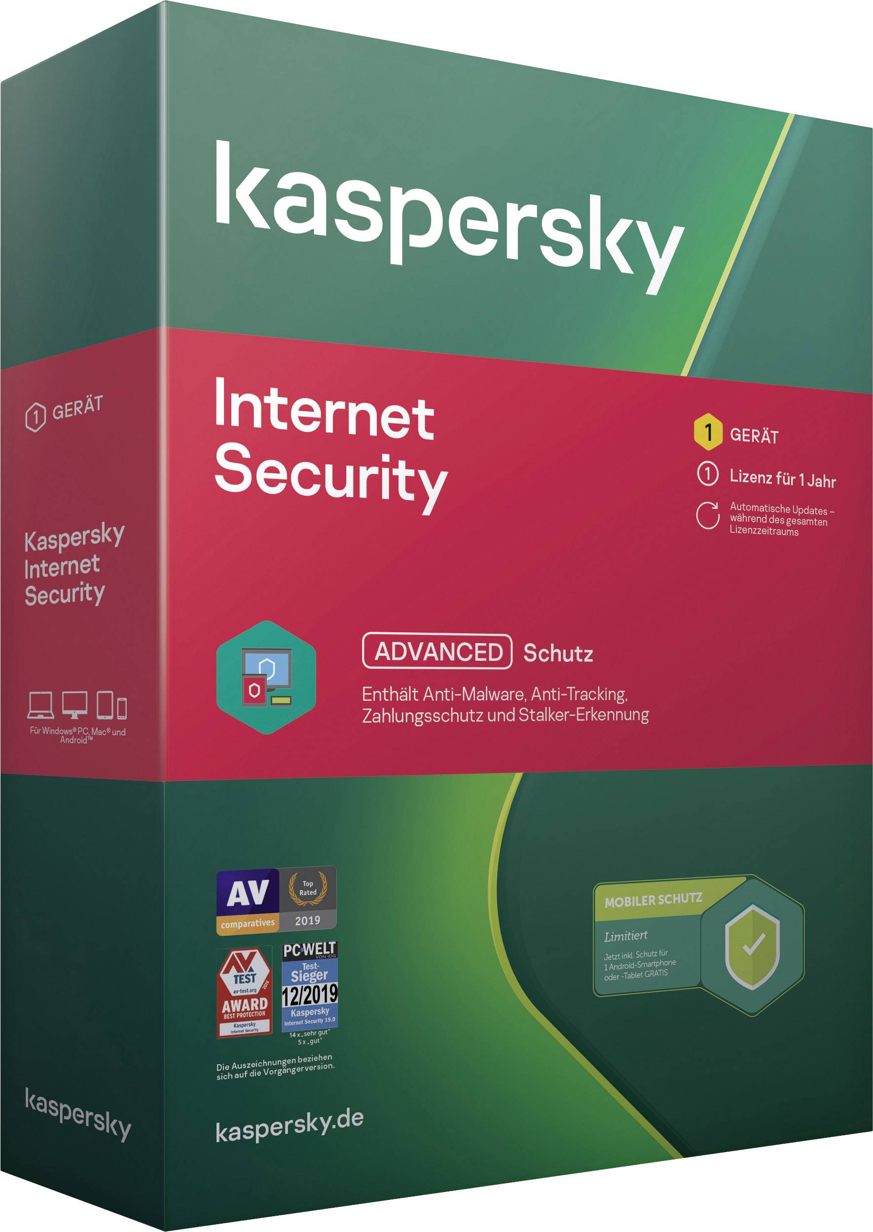 Kaspersky Internet Security + Android Security (Code in a Box) Vollversion, 1 Lizenz Windows, Andro