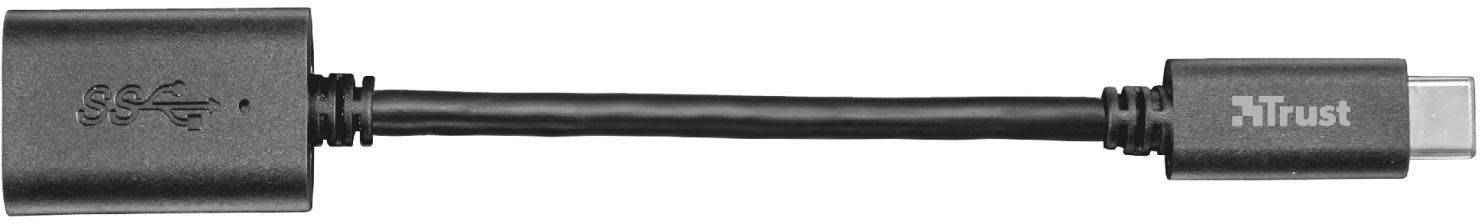 Ein schwarzes USB-A-zu-USB-C-Adapterkabel von Trust, geeignet zum Verbinden von Geräten mit unterschiedlichen USB-Anschlüssen.