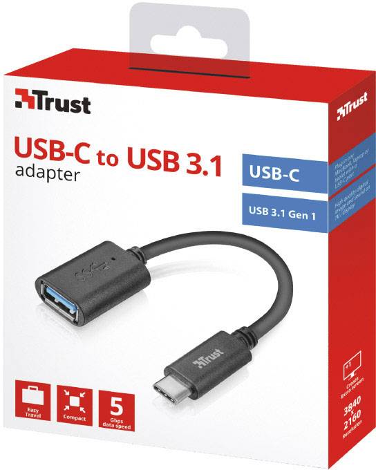Produktverpackung eines USB-C zu USB 3.1 Adapters von Trust, 5 Gbps, Schwarz, mit Abbildungen und technischen Details auf der Vorderseite.