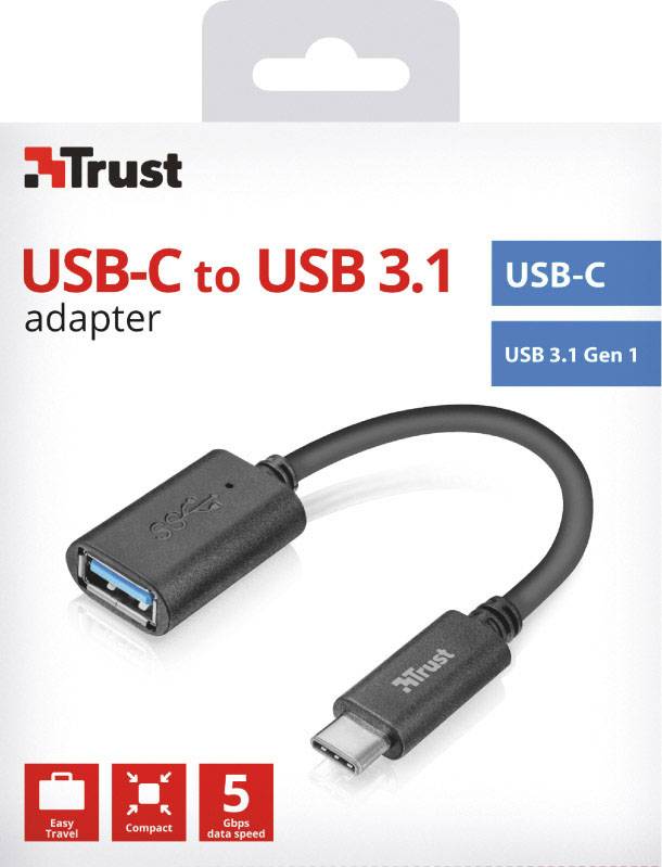 'Trust USB-C zu USB 3.1 Adapter' Verpackung. Zeigt Kabel mit USB-C und USB-A Anschlüssen. Hervorgehobene Merkmale: 'Reise', 'Kompakt'.