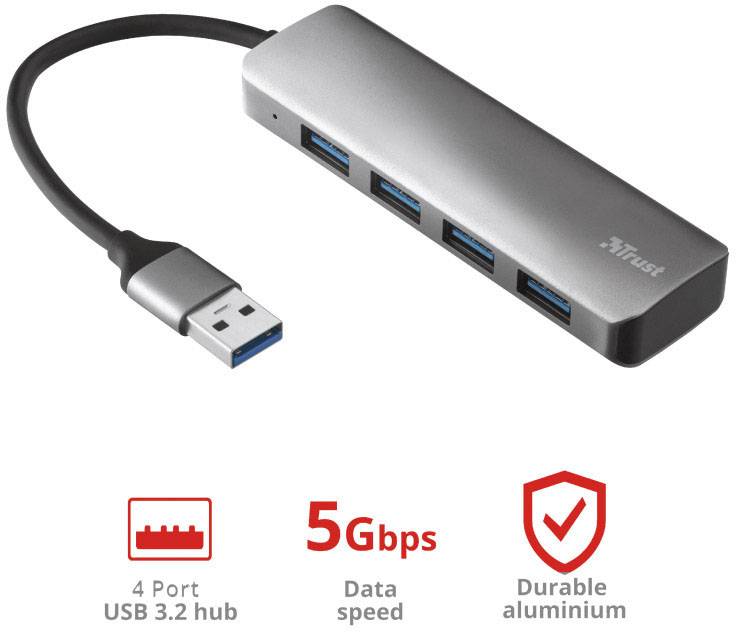 Trust HALYX 4 Port USB 3.2 Gen 1-Hub (USB 3.0) Silber