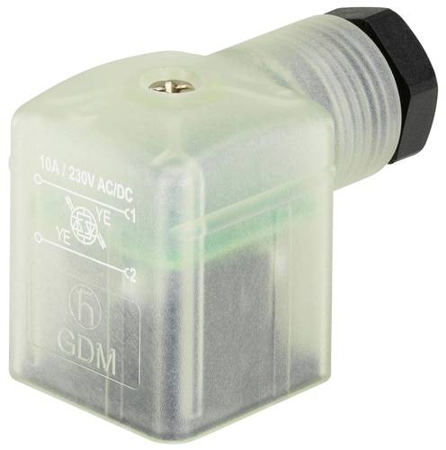 Transparenter Steckverbinder für 10A/230V AC/DC-Anschluss, Seitenansicht. Sichtbare interne Verdrahtung.