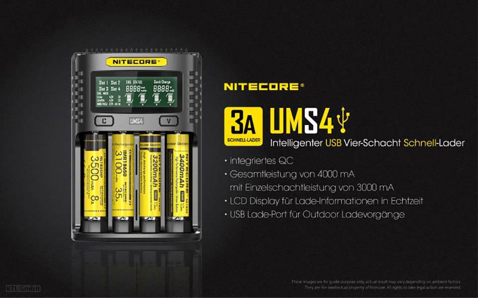 'Intelligentes USB-Ladegerät Nitecore UMS4' zeigt vier geladene Batterien. Beschriftung: QC, 4000 mA, 3000 mA Einzelleistung, Echtzeit-Ladestatus.