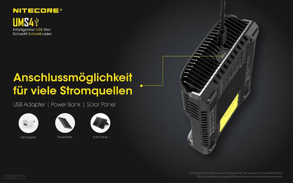 Nitecore UMS4, intelligentes USB Schnellladegerät, kompatibel mit USB-Adapter, Powerbank, Solarpanel; zeigt Anschlussmöglichkeiten.