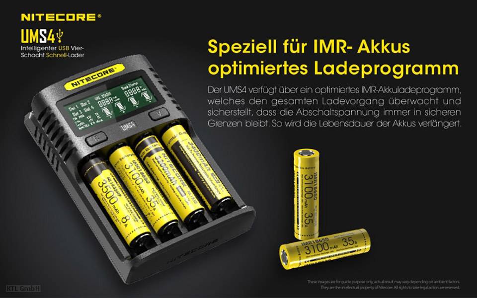 Nitecore UMS4 Ladegerät für IMR-Akkus. Zeigt vier geladene Batterien im Gerät. Erklärt optimiertes Ladeprogramm und Sicherheitsmerkmale.
