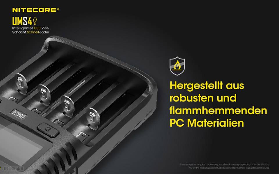 Ein Ladegerät mit vier Schlitzen, hervorgehoben durch den Text 'Hergestellt aus robusten und flammhemmenden PC Materialien'.