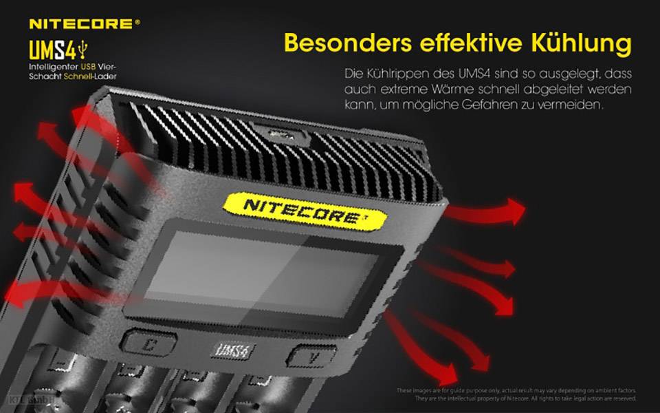 NiteCore UMS4 Rundzellen-Ladegerät NiCd, NiMH, LiIon, LiPo 10440, 10500, 12500, 12650, 13500, 13650, 14500, 14650, 16340, 16650