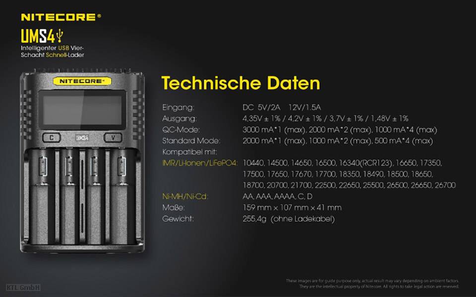 Ladegerät mit Display und vier Ladeschächten. Technische Daten: Eingangsspannung, Ausgangsoptionen, kompatible Akkus, Gewicht: 256,4g.
