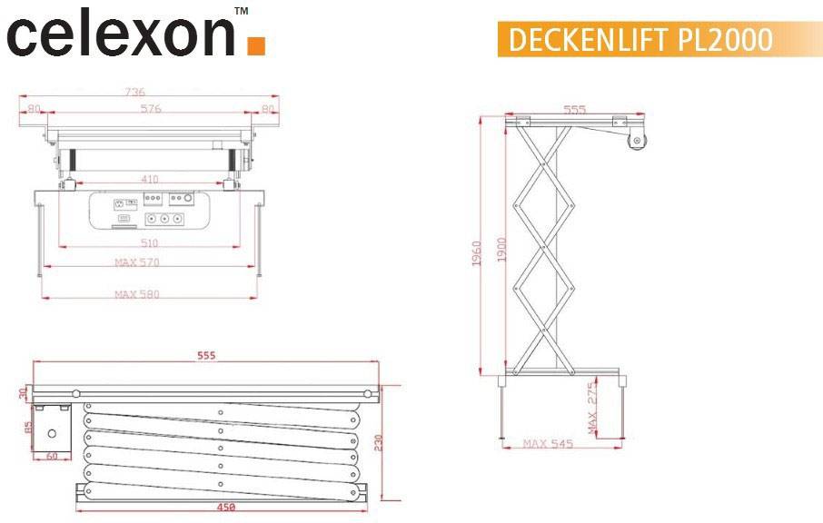 'Celexon Deckenlift PL2000' technische Zeichnung mit Maßen: Breite 536mm, Tiefe 555mm, Maximalhöhe 1200mm, Last 30kg.