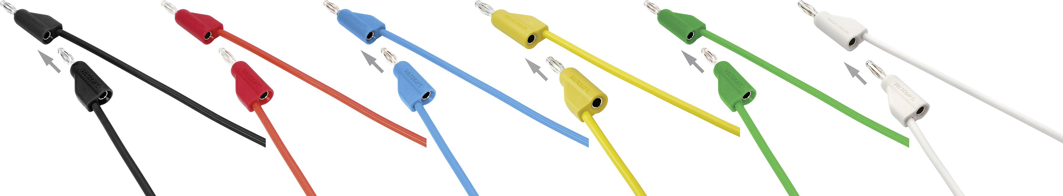 Audio-Kabel in verschiedenen Farben: Schwarz, Rot, Blau, Gelb, Grün und Weiß, jeweils mit Stecker und Buchse, angeordnet in einer Reihe.