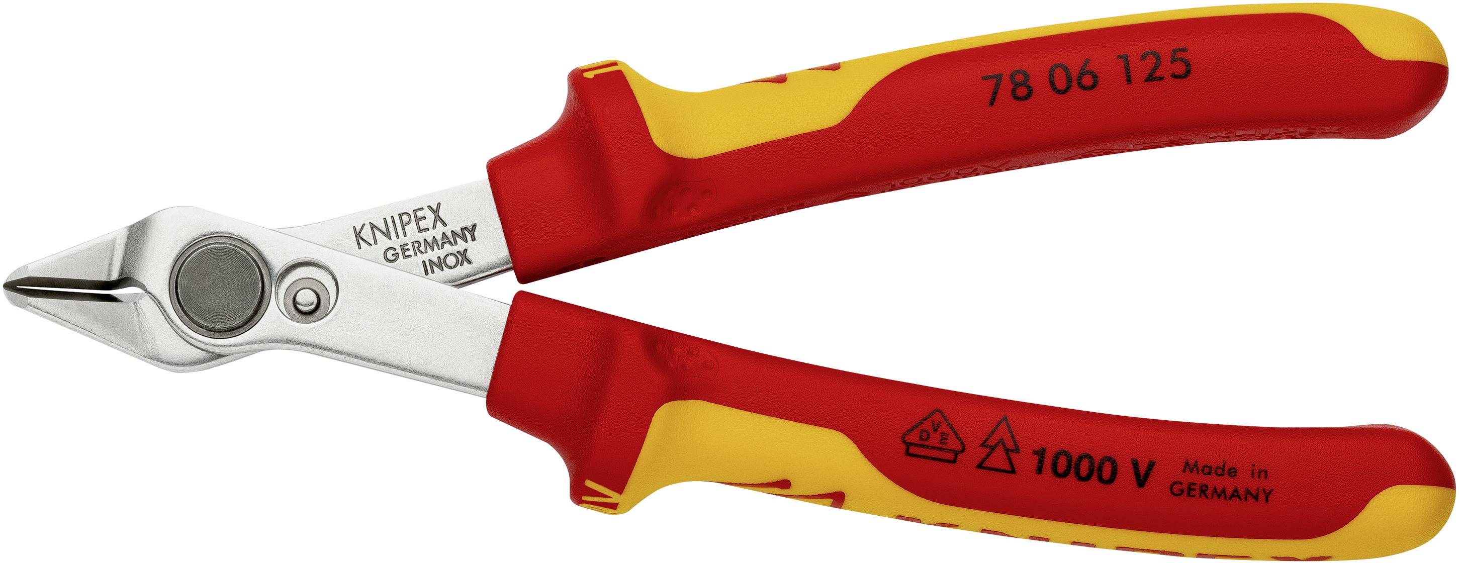 Seitenschneider mit roten und gelben Griffen, geeignet für Arbeiten bis 1000 V. Auf dem Metallteil steht 'KNIPEX Germany INOX'.