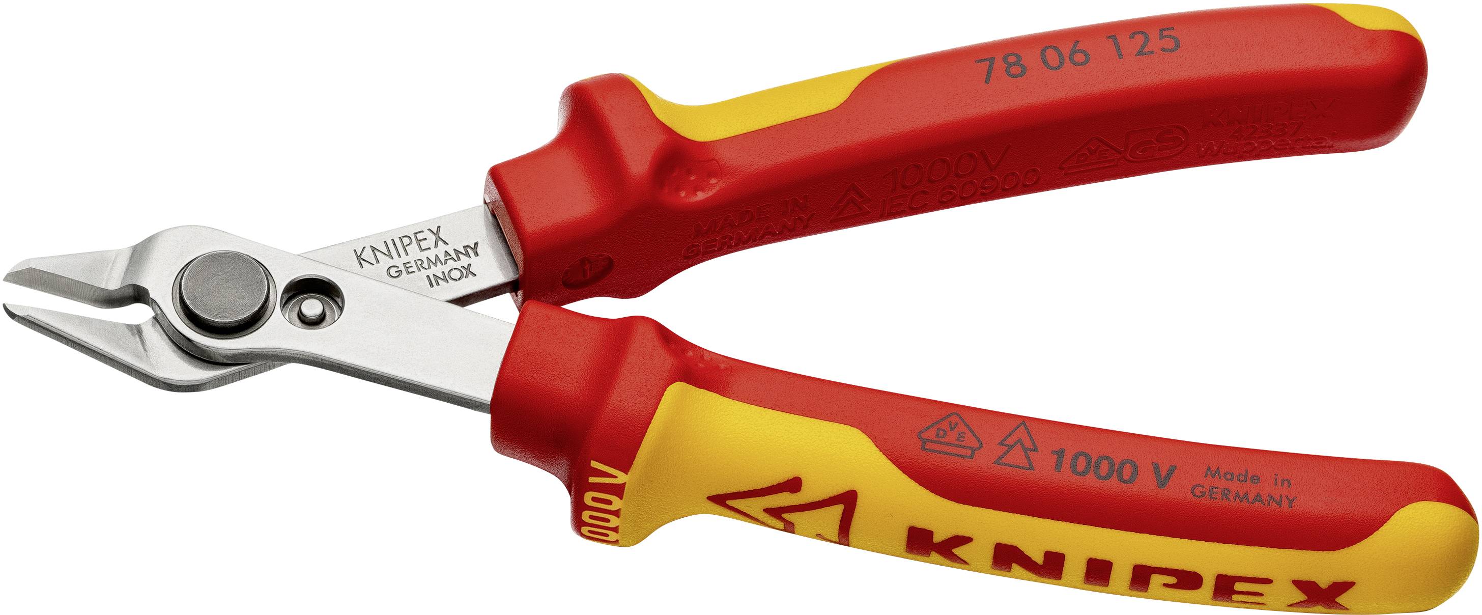 Abgebildet ist ein Knipex Seitenschneider mit roten und gelben Handgriffen, geeignet für elektrische Arbeiten, mit Isolierung für bis zu 1000 Volt.