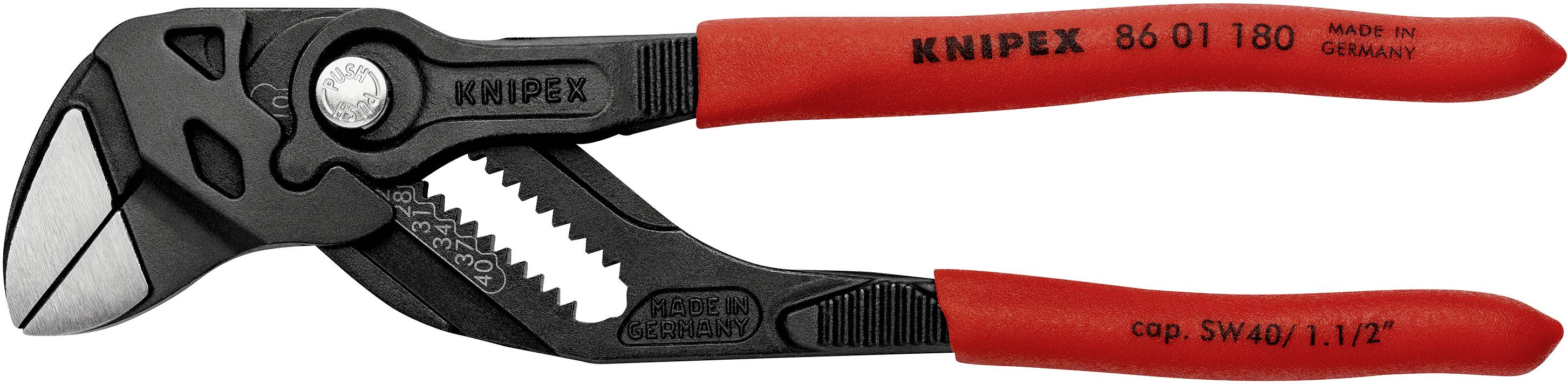Eine rote Zangenschlüssel mit der Aufschrift 'Knipex 86 01 180', geeignet für verschiedene Greifarbeiten im Handwerk.