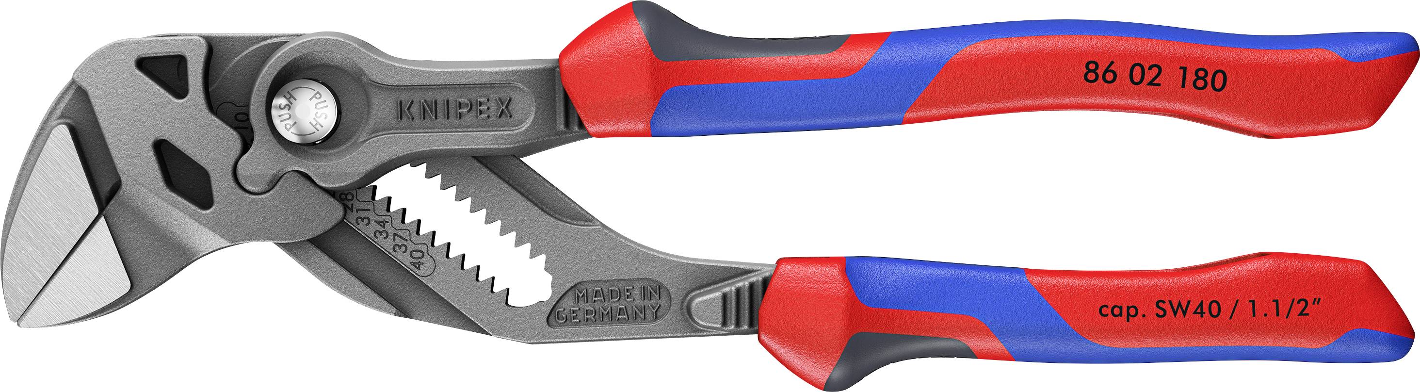 KNIPEX tool featuring adjustable pliers with red and blue rubberized handles, designed for gripping and twisting various materials.