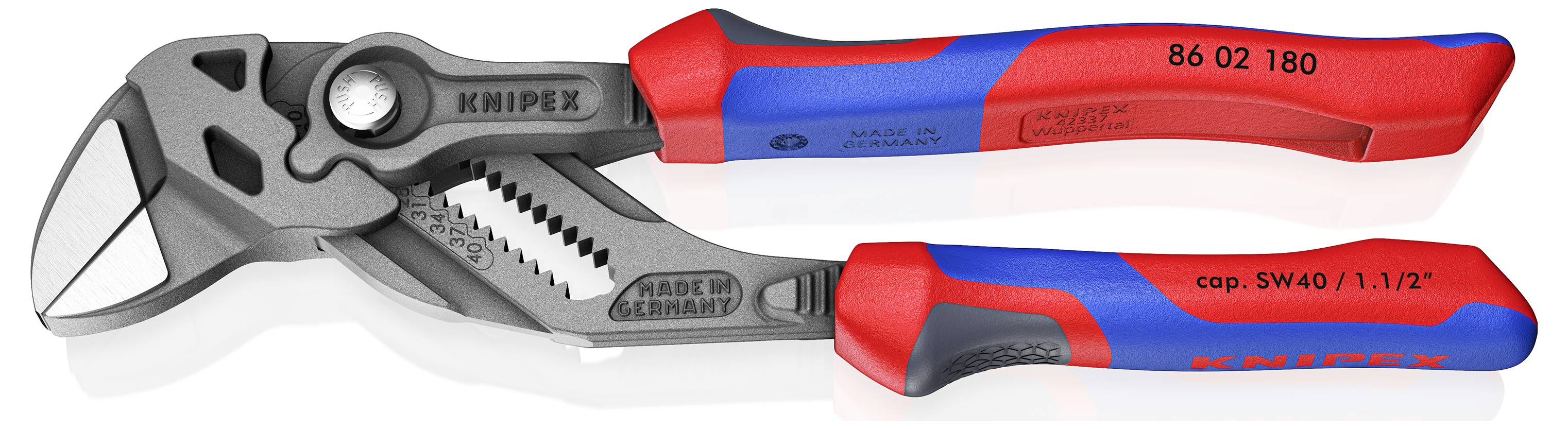 'KNIPEX' Zangen mit Markenbezeichnung, strukturierter Stahlgriff und roten sowie blauen ergonomischen Griffen, mit präzisen Verstellnuten.