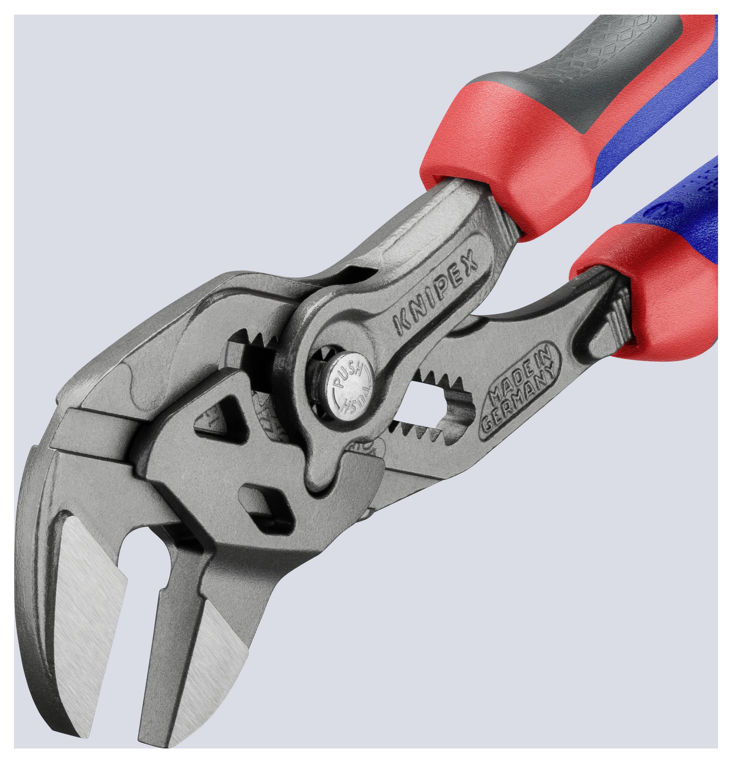 Ein Paar Knipex-Zangen mit roten und blauen Griffen, ausgestattet mit präzisen Schneidkanten und einem robusten, ergonomischen Design zum Greifen und Schneiden.