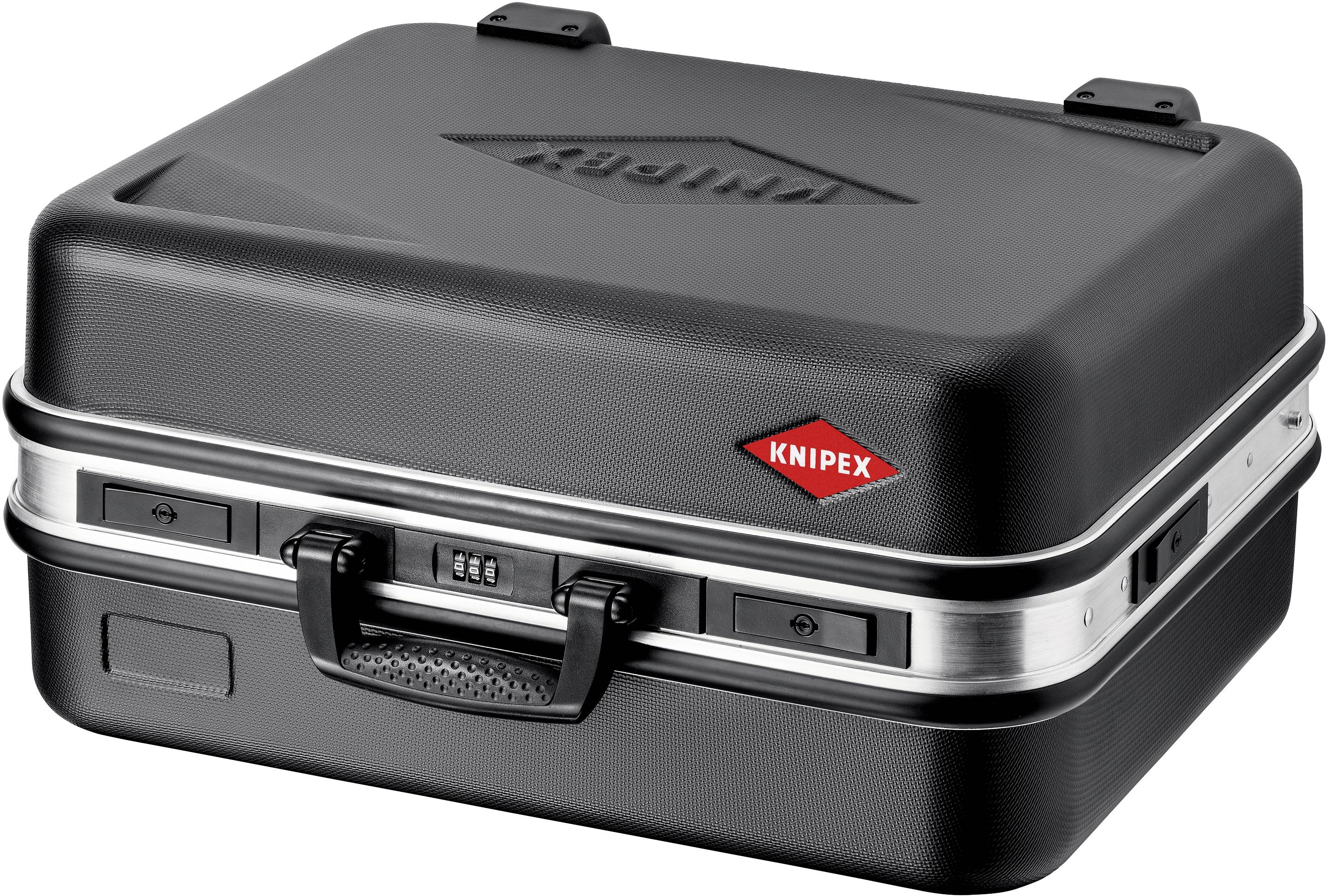 Schwarzer Werkzeugkoffer mit dem roten Knipex-Logo, robust gebaut, mit Zahlenschloss und stabilem Griff. Ideal für Werkzeuge.