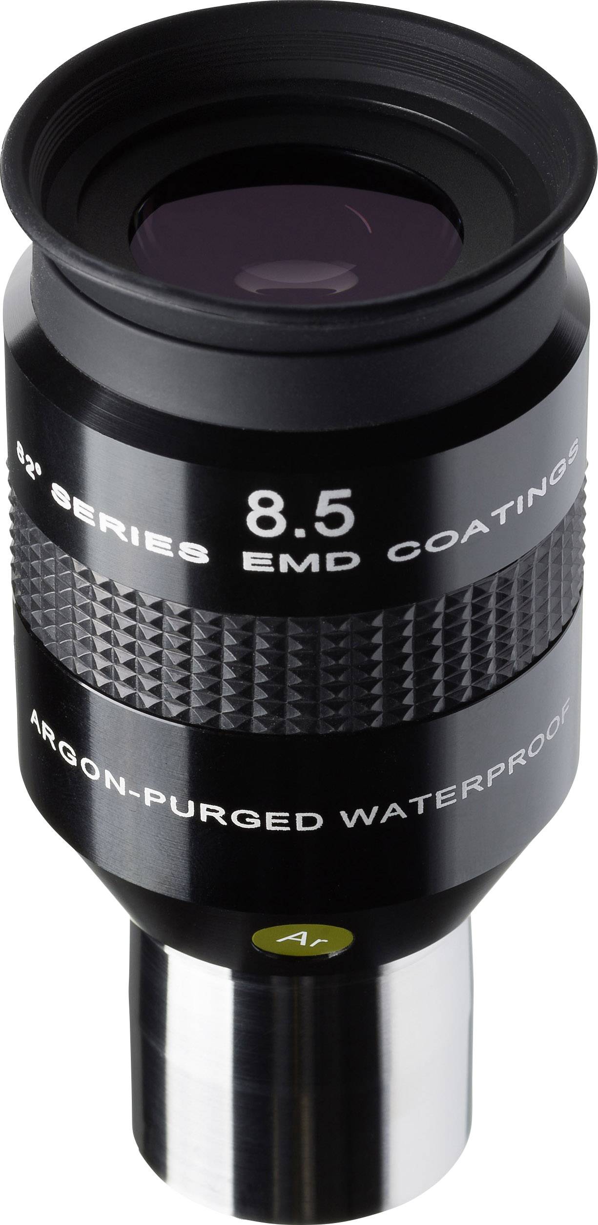 Schwarzes Fernglas-Okular mit der Aufschrift '8.5 EMD COATINGS'; es ist argongefüllte, wasserdichte Ausführung.