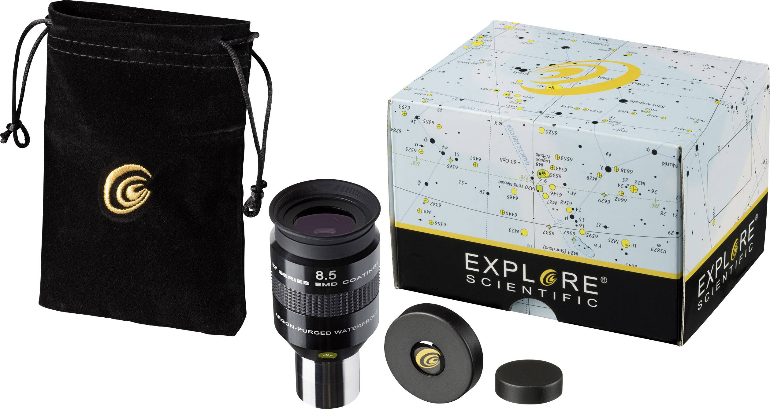 Okular von Explore Scientific mit Schutzhülle und Verpackung. Eignet sich zur Beobachtung von Sternen und astronomischen Objekten.