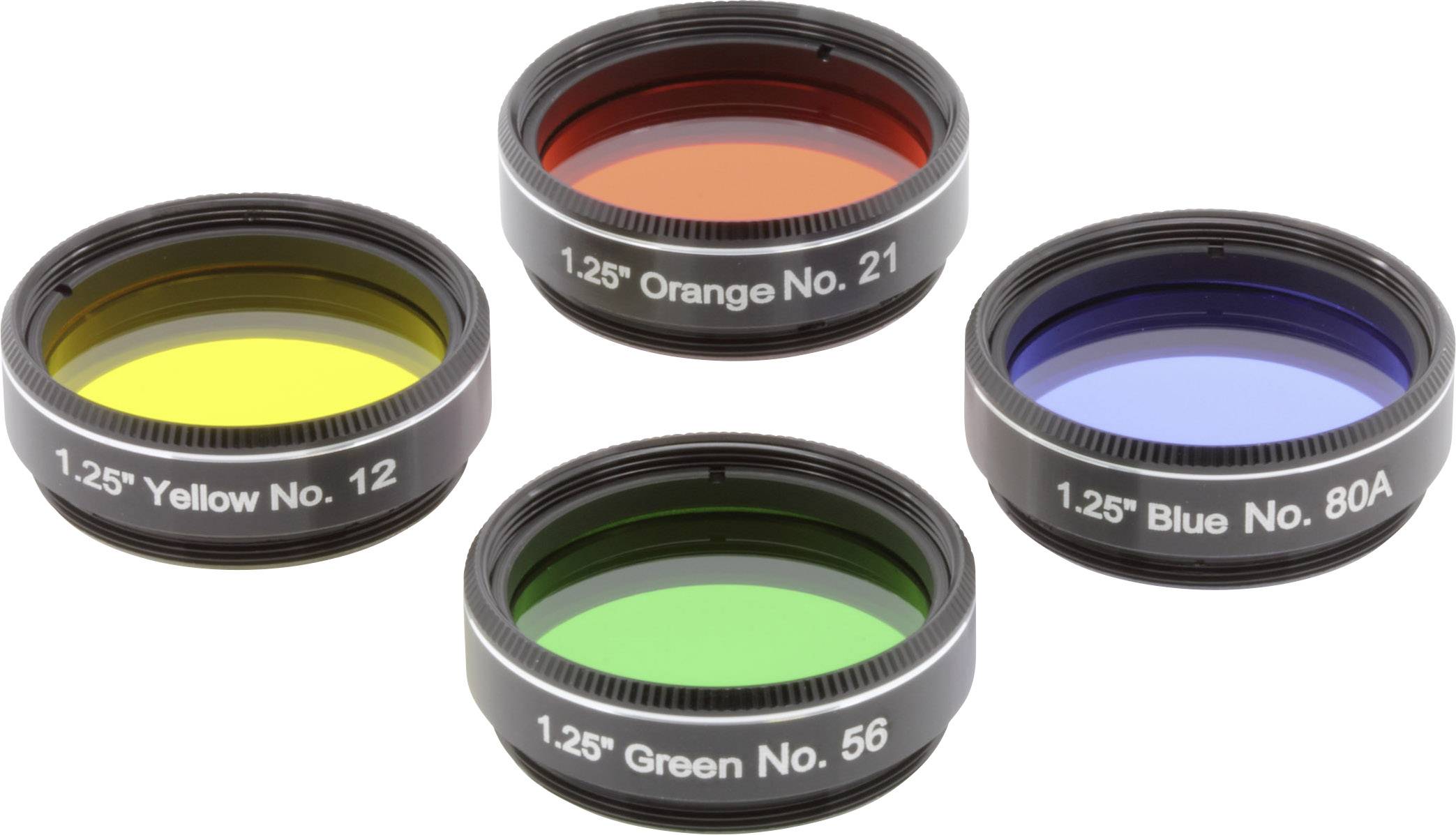 Vier runde Farbfilter in Gelb, Orange, Grün und Blau, jeweils mit der Aufschrift '1.25