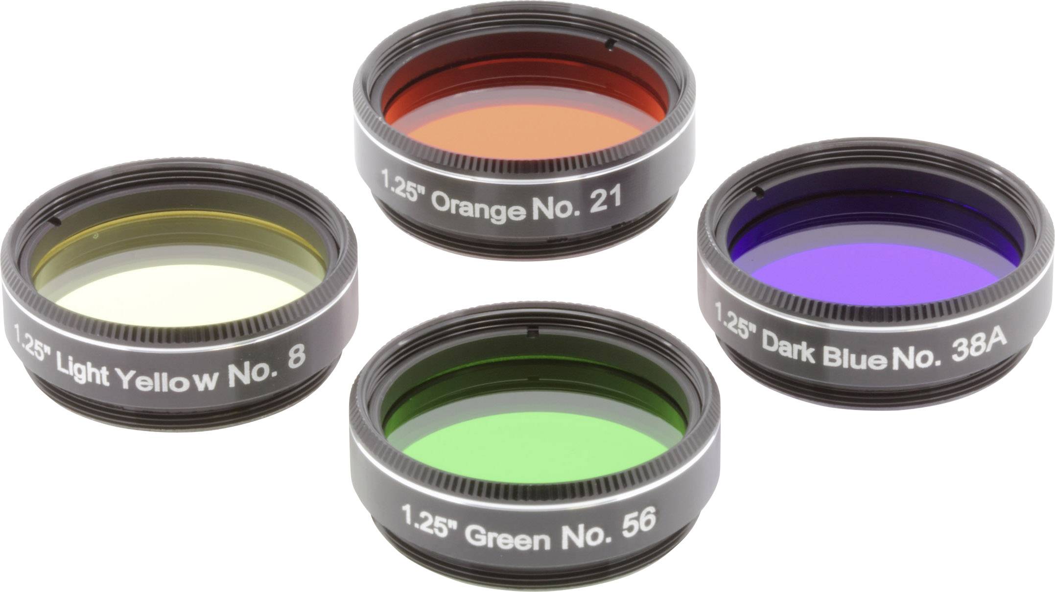 Vier Filterlinsen in verschiedenen Farben: Gelb, Orange, Grün und Dunkelblau, jeweils mit Beschriftung ihrer Größe und Nummer.