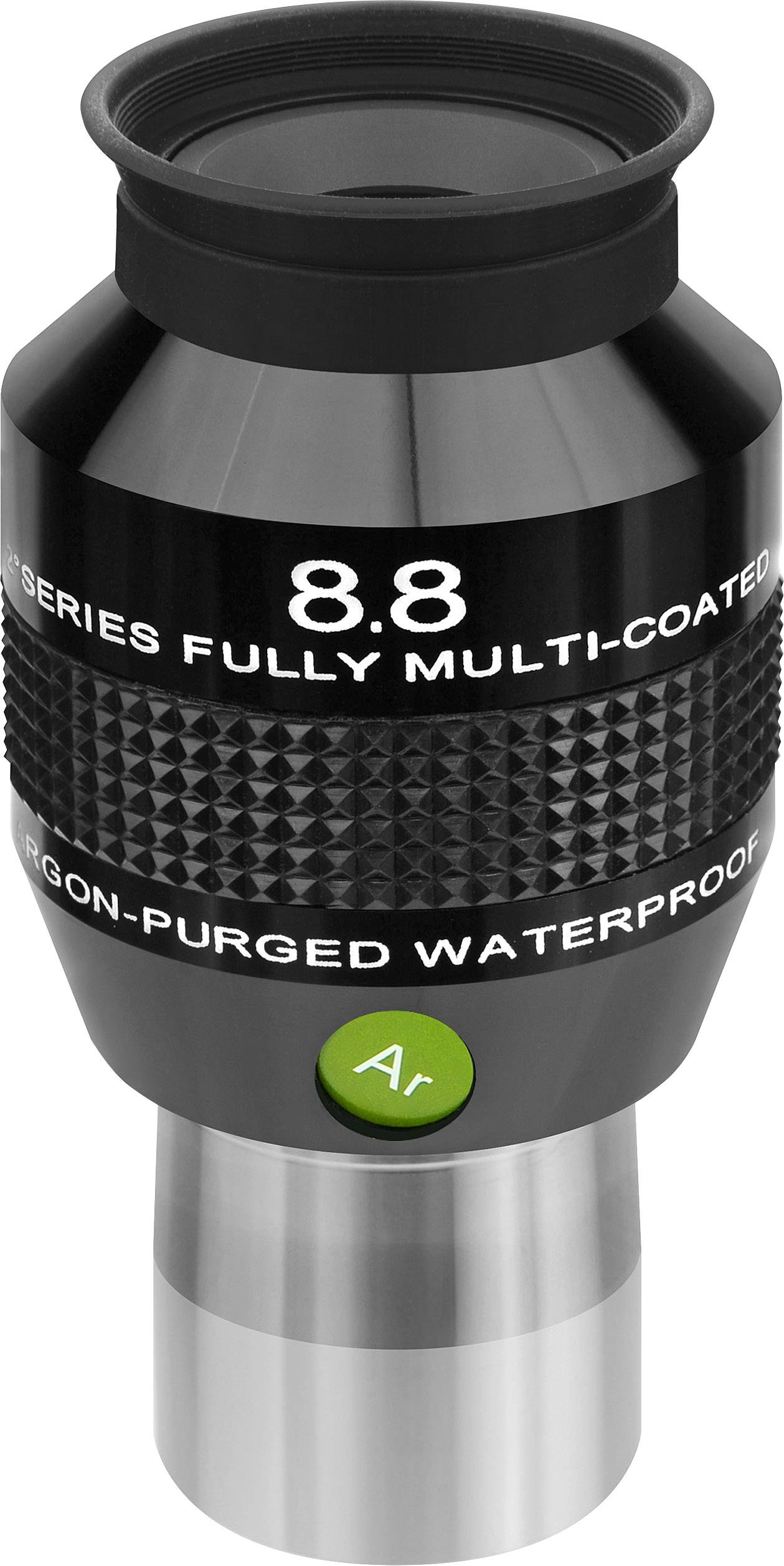Ein Okular mit der Aufschrift '8.8 Series Fully Multi-Coated, Argon-Purged Waterproof' und einem grünen Ar-Symbol.