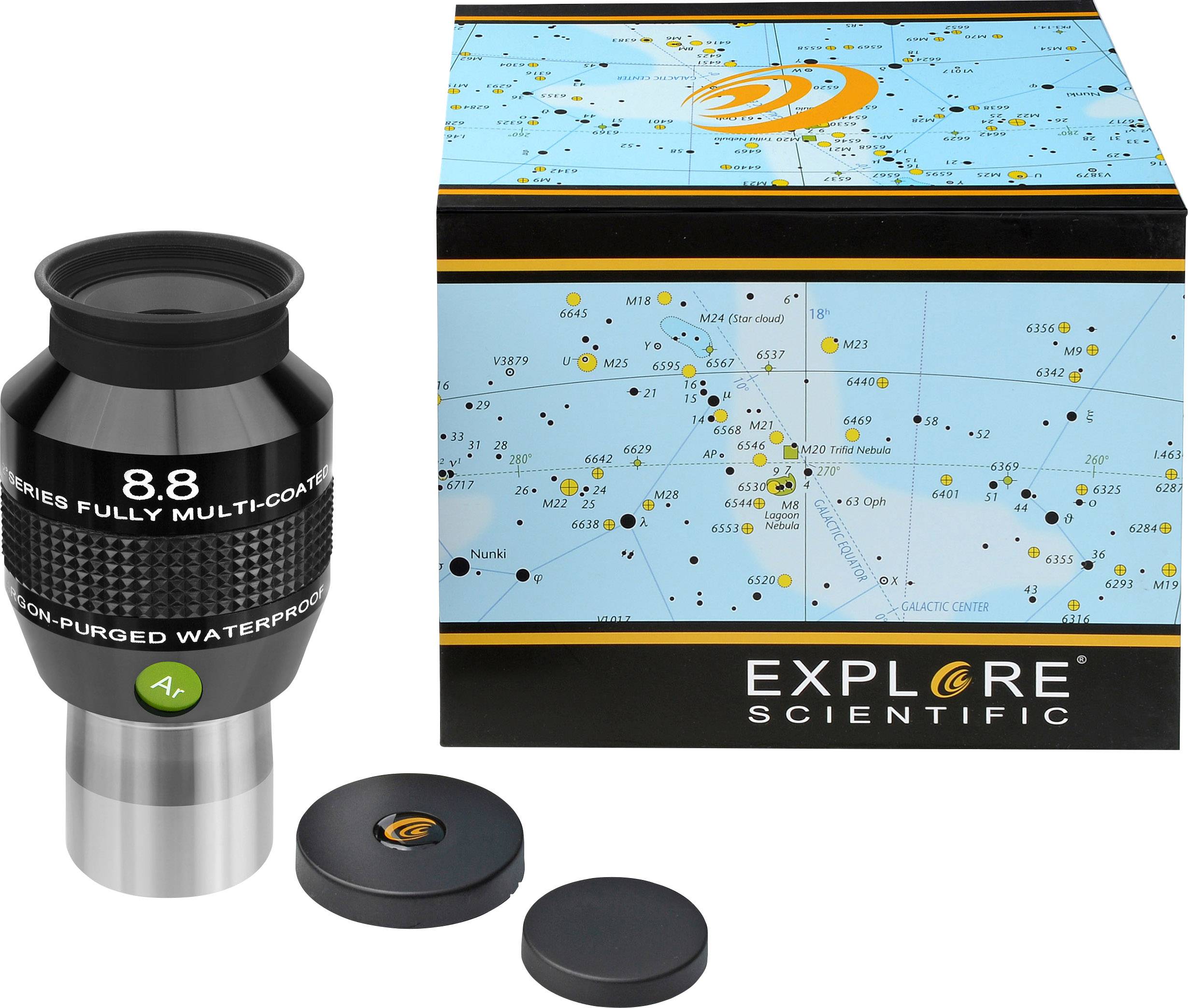 Teleskop-Okular und Verpackung von Explore Scientific. Verpackung zeigt eine Sternenkarte. Hauptsächlich in Schwarz und Blau gehalten.