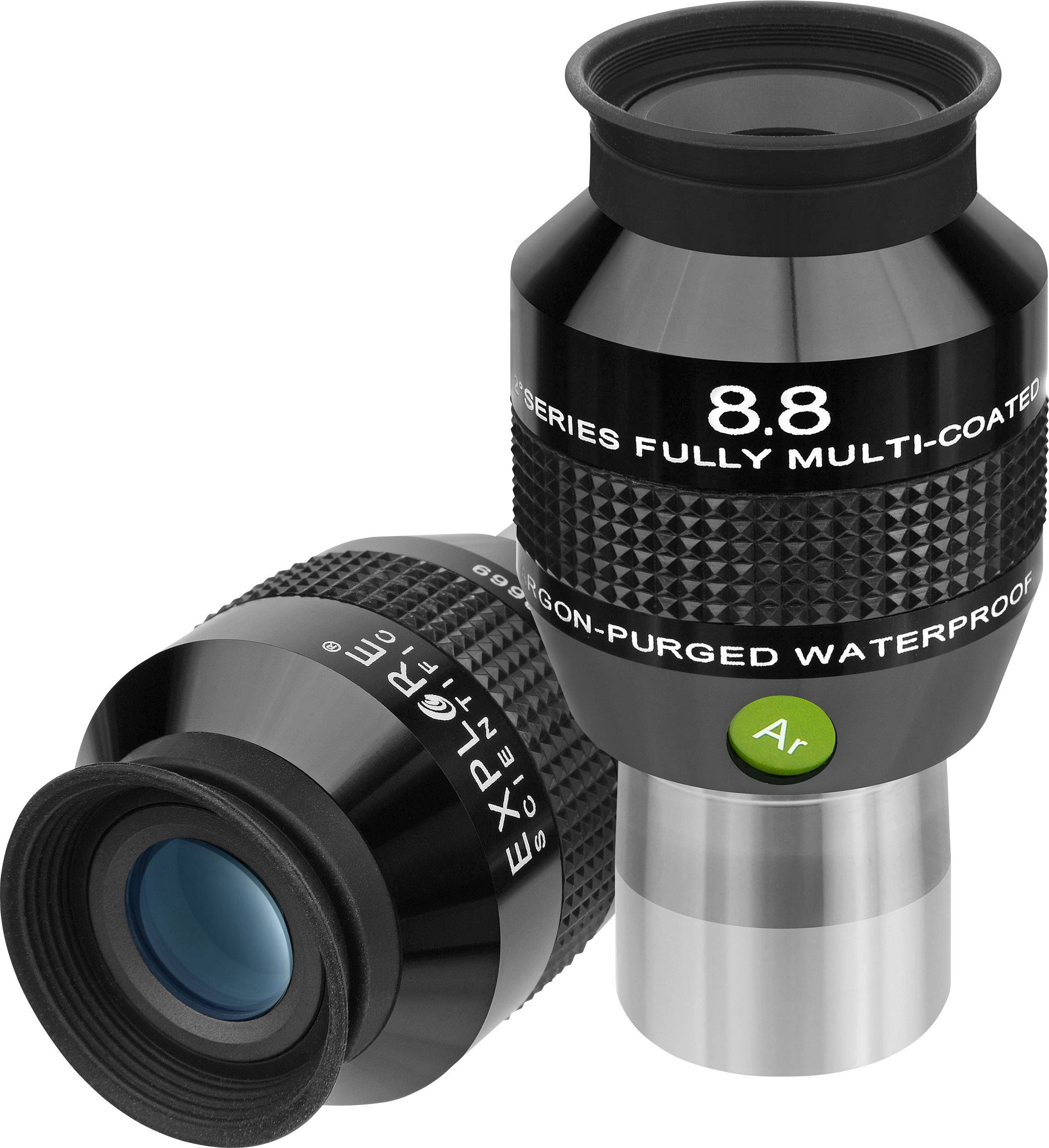 Teleskop-Okulare, schwarz mit silbernem Anschluss, zeigen mehrschichtige Beschichtung und Argon-Befüllung.