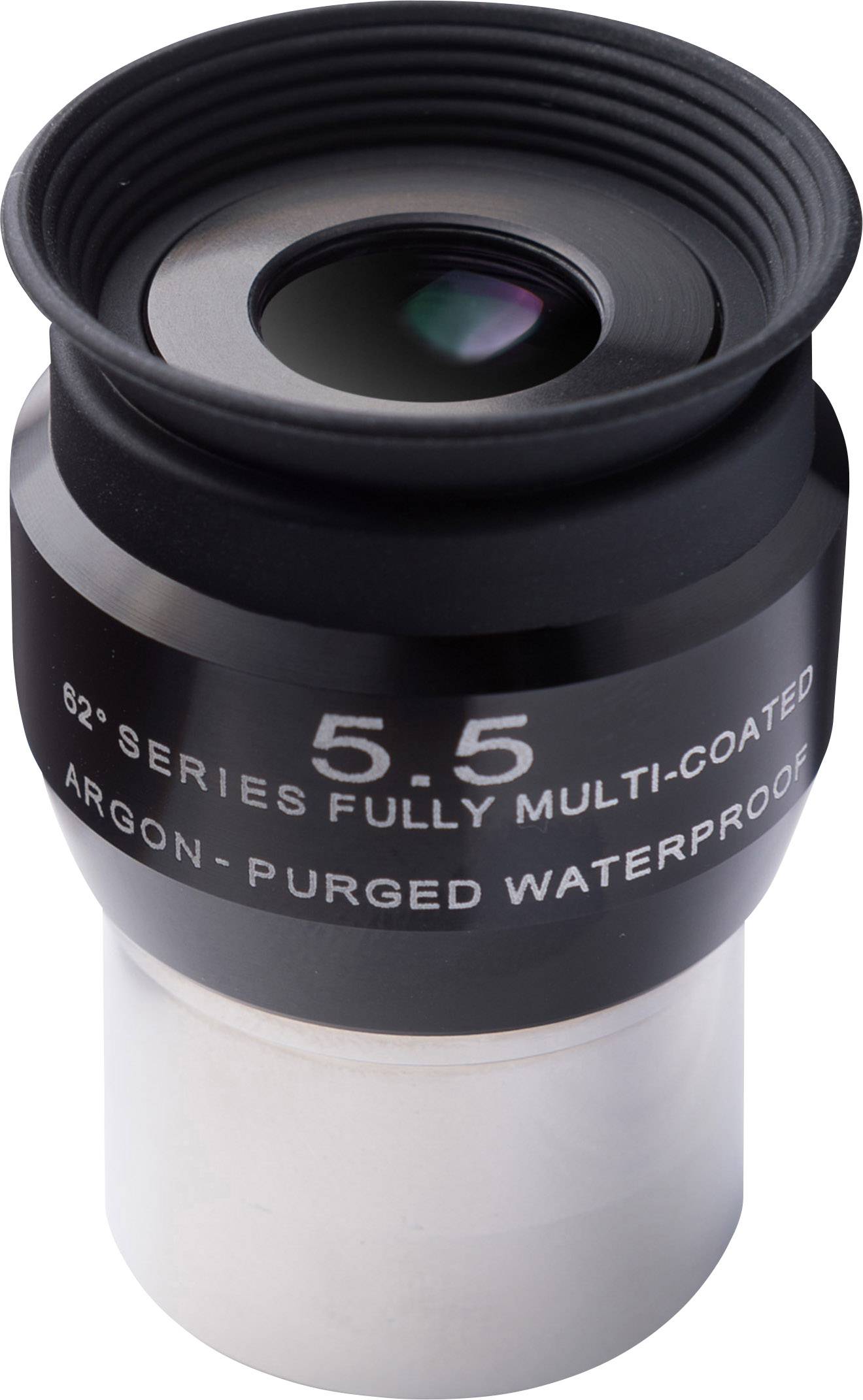 Ein Okular mit der Beschriftung '5.5 82° Series Fully Multi-Coated Argon-Purged Waterproof'; es hat eine metallische Basis und eine Linse oben.