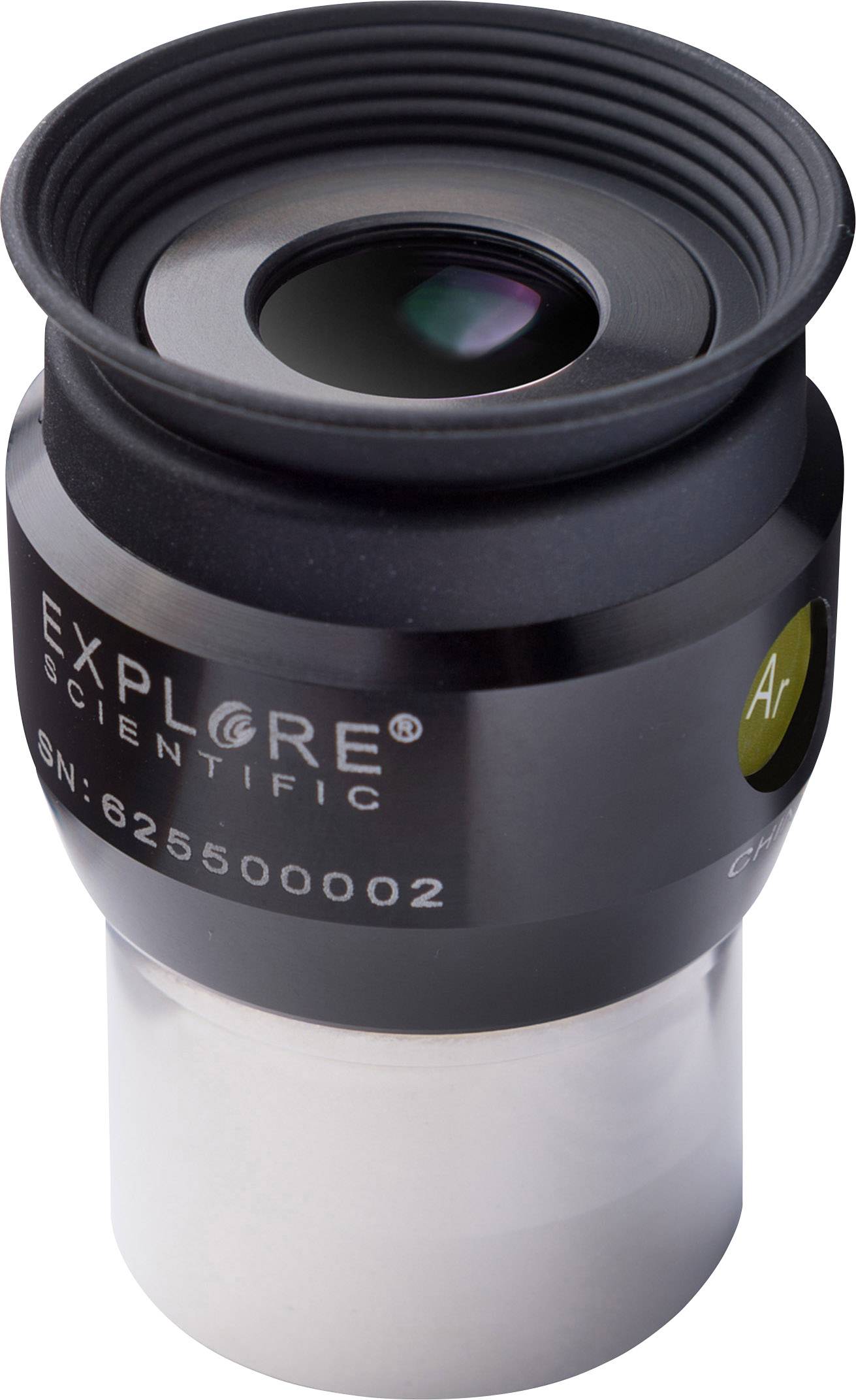 Ein schwarzes und silbernes Teleskopokular von Explore Scientific mit grüner Beschriftung, geeignet für astronomische Beobachtungen.