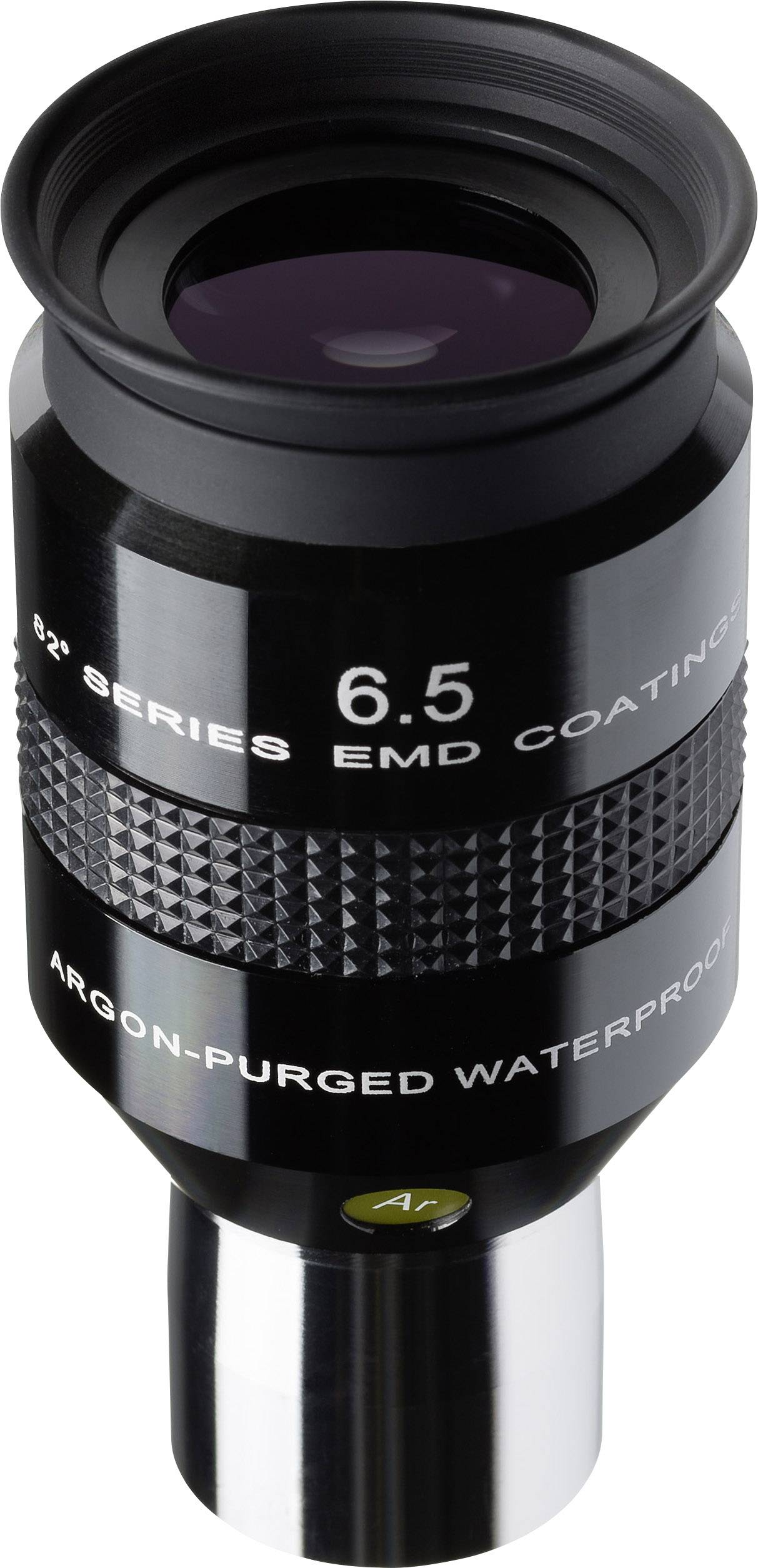 Schwarzes Teleskop-Okular mit 6,5-facher Vergrößerung, EMD-Beschichtung und wasserdicht. Beschriftung: 'ARGON-PURGED WATERPROOF'.