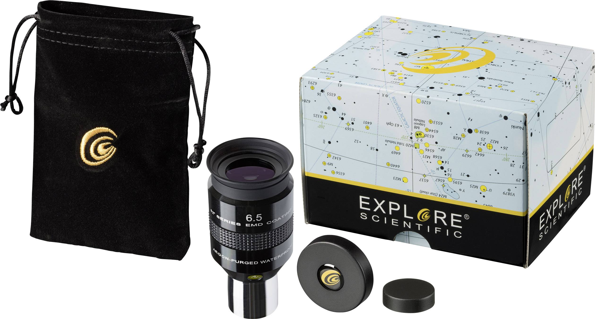 Teleskop-Okular-Set mit schwarzer Transporttasche und Sternkarte auf der Verpackung. Markierung 'Explore Scientific'.