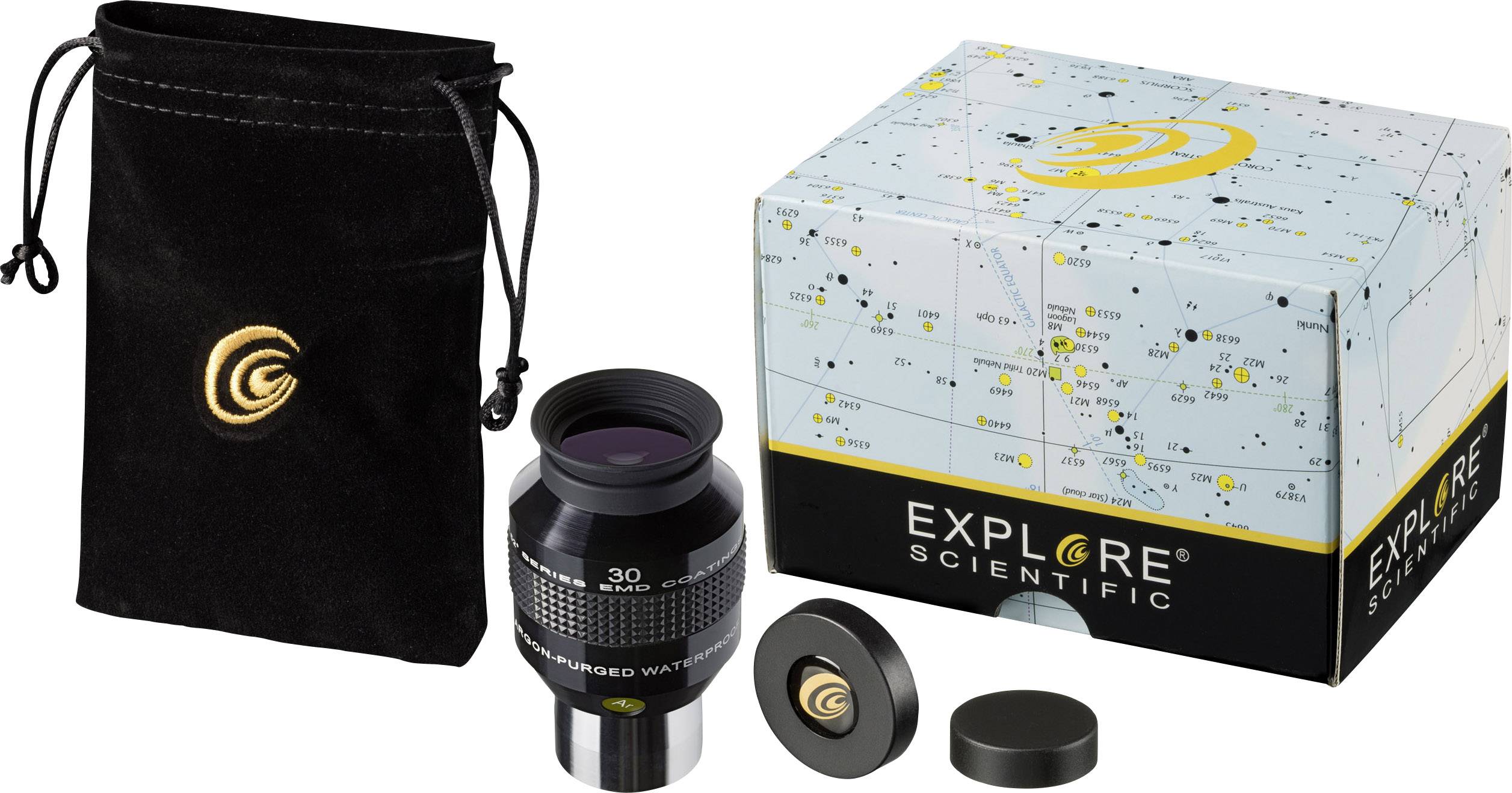 Ein astronomisches Okular-Set von Explore Scientific mit Verpackung, einem Schutzbeutel und zwei Abdeckkappen, geeignet für Teleskope.