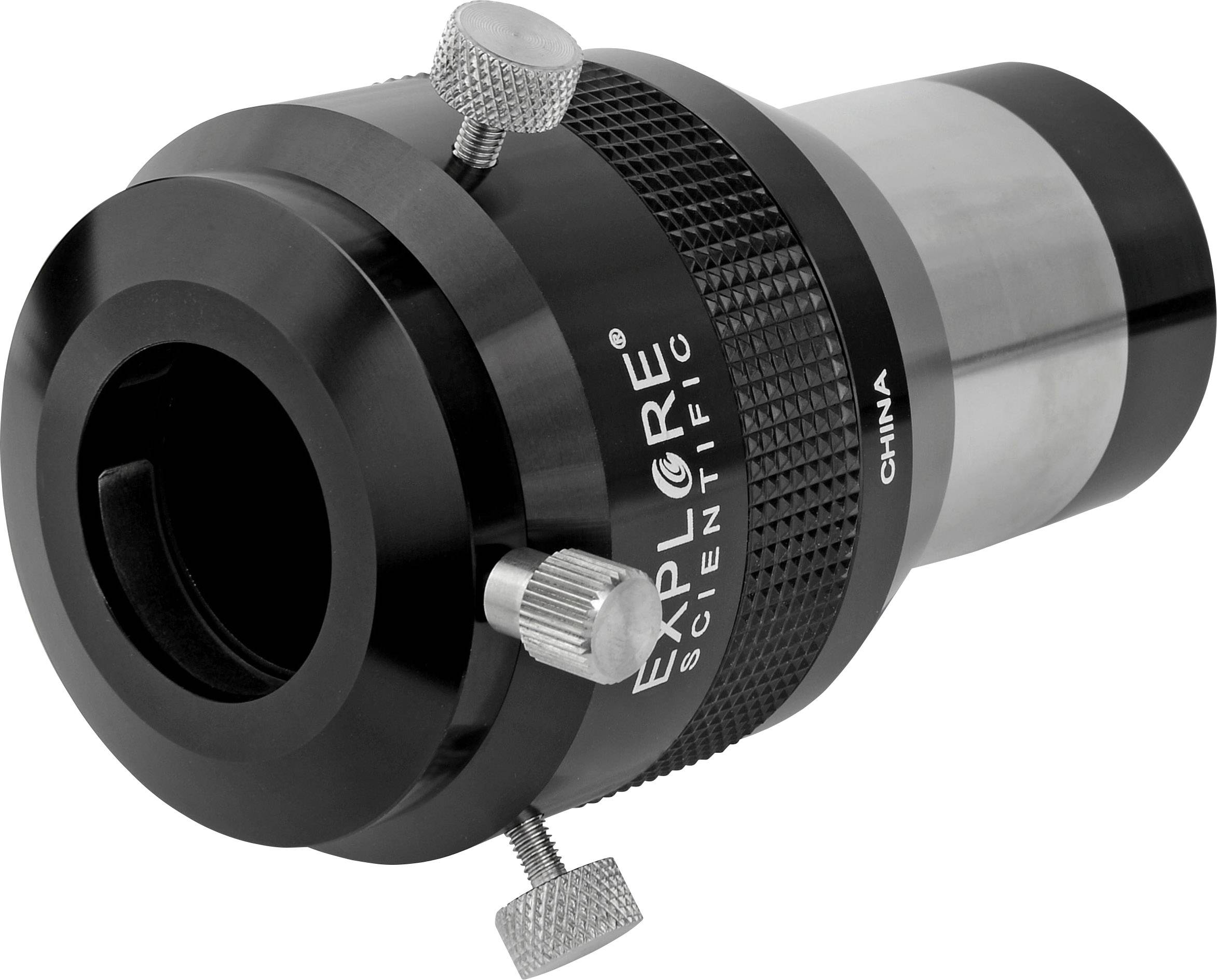 Ein schwarzes astronomisches Zubehörteil mit der Aufschrift 'Explore Scientific'. Es hat silberne Schrauben und zylindrische Form.