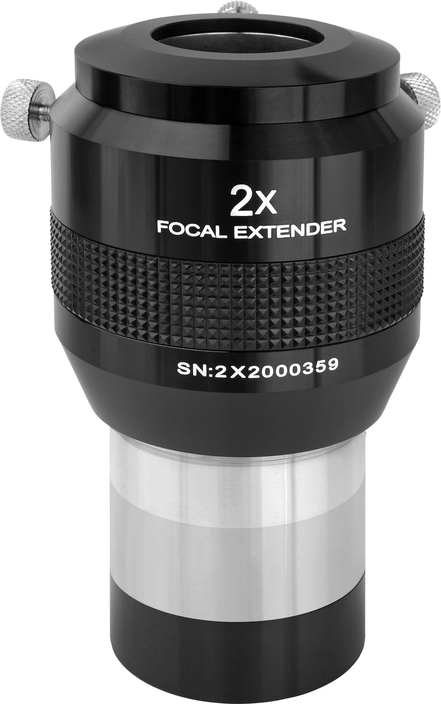 '2x Focal Extender' in Silber und Schwarz mit Seriennummer. Wird für Teleskope verwendet, um Brennweite und Vergrößerung zu erhöhen.