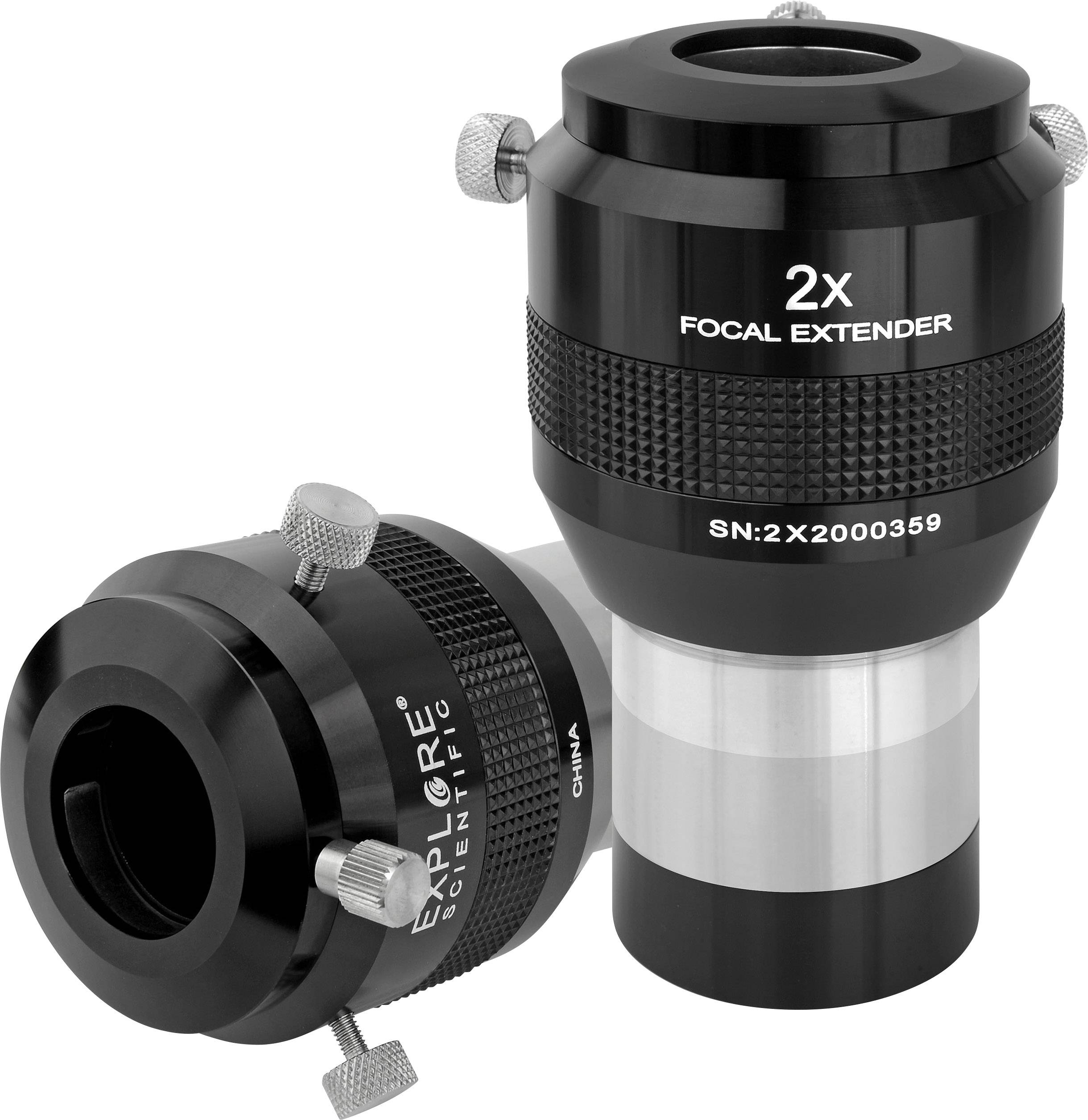 Zwei schwarze optische Vergrößerungsextender mit silbernen Schrauben, einer steht aufrecht, der andere liegt seitlich.