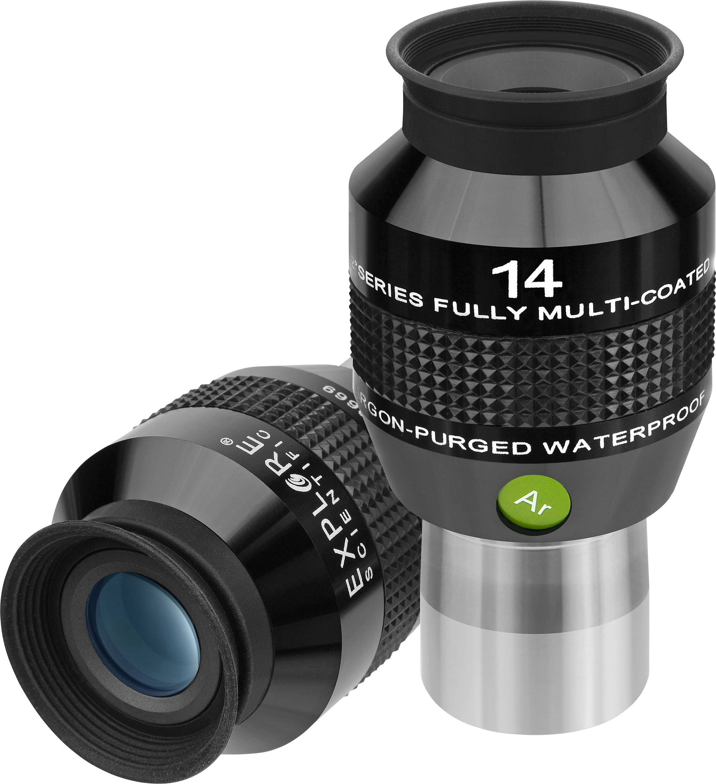 Zwei schwarze Teleskopokulare sind nebeneinander abgebildet. Eins steht aufrecht, das andere liegt seitlich. Sie haben grüne und weiße Beschriftungen.