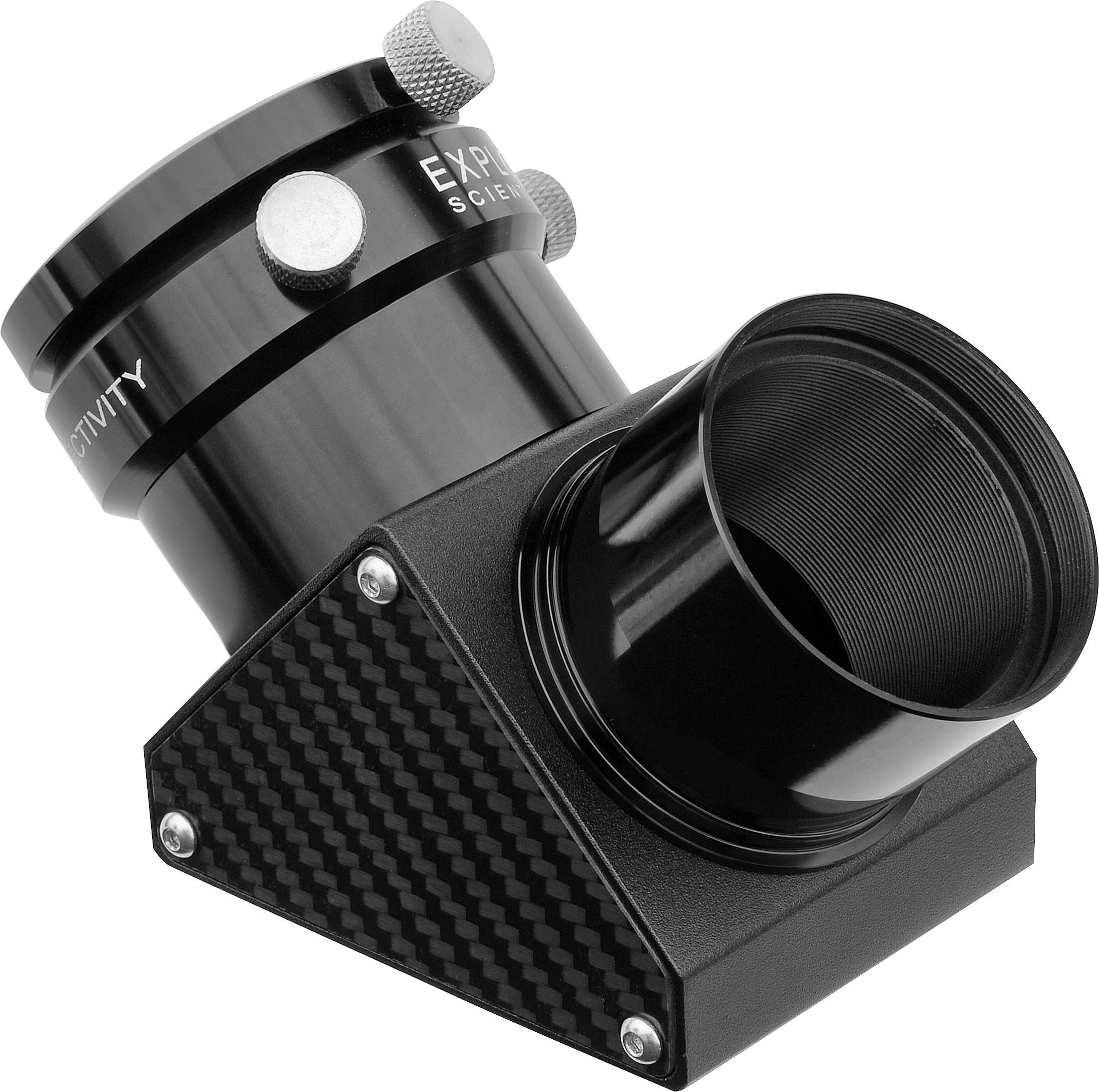 Ein schwarzer 90-Grad-Diagonalspiegel für Teleskope, aus Metall mit zwei silbernen Schrauben, für die Verwendung bei Sternbeobachtungen.