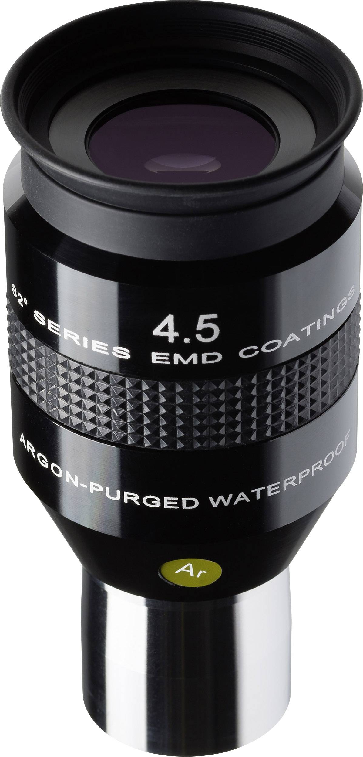 Ein schwarzes Teleskop-Okular mit der Beschriftung '4.5 EMD Coatings' und 'Argon-Purged Waterproof'.