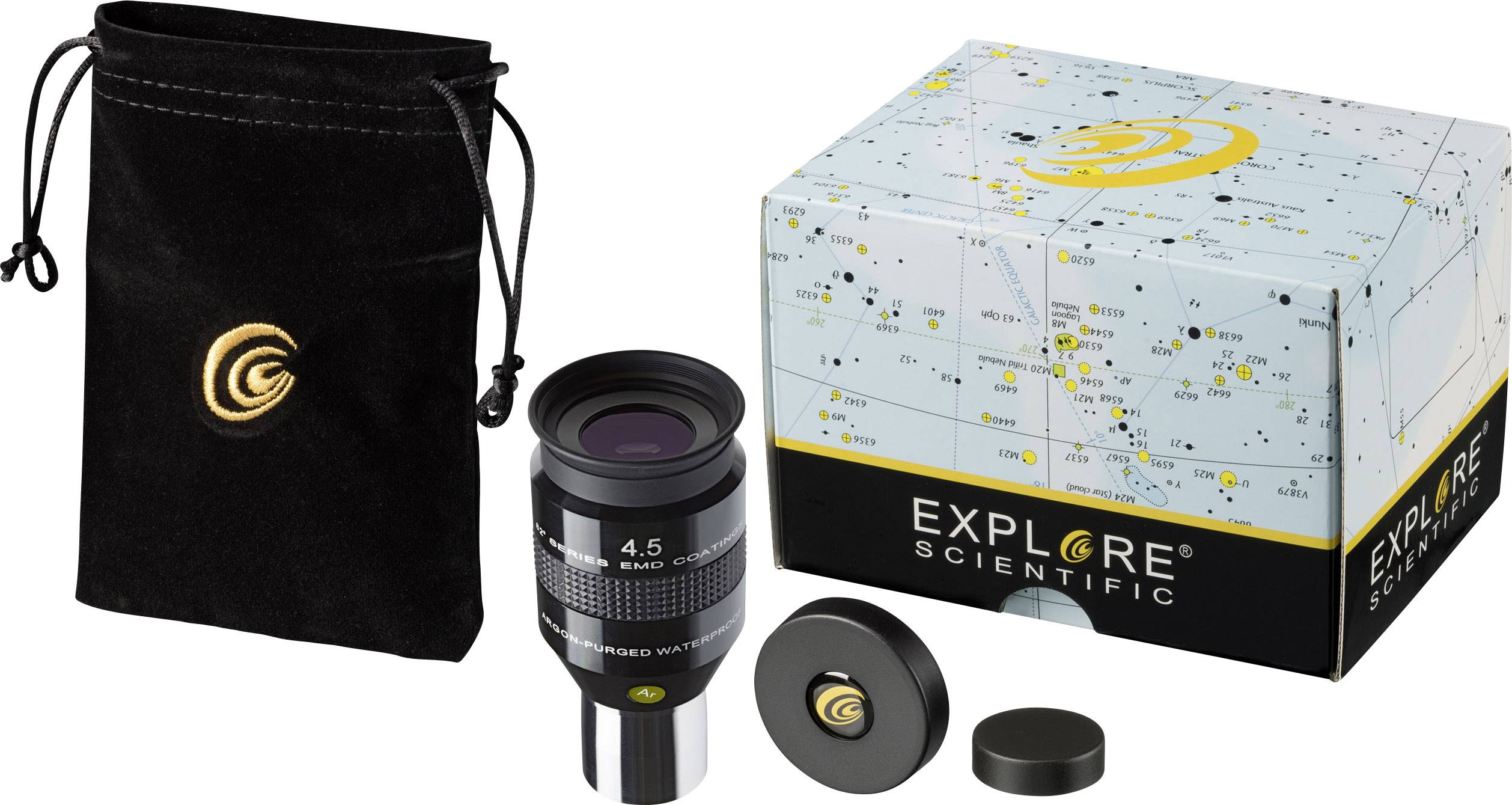 Teleskop-Okular-Set mit schwarzem Etui, Okular, Schutzkappen und Box mit Sternkarte von Explore Scientific.