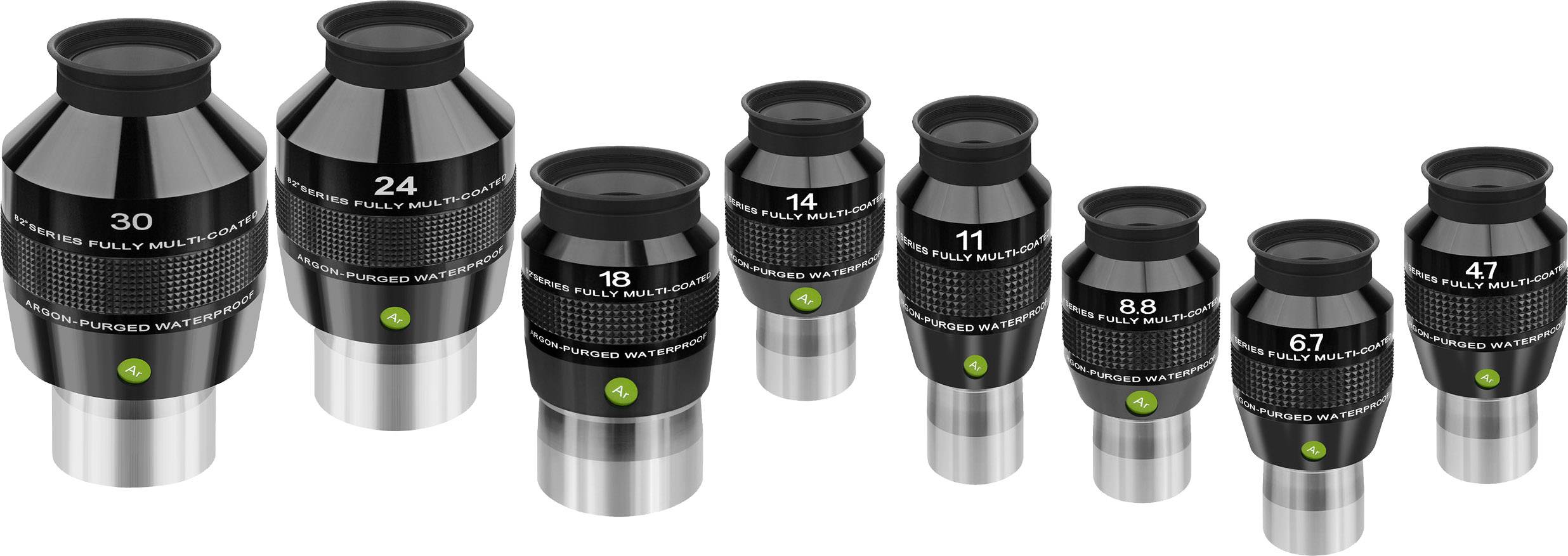 Acht schwarze Fernglasokulare in zwei Reihen, nach Größe geordnet: 30, 24, 18, 14, 11, 8, 6 und 4. Unterschiedliche Linsengrößen.