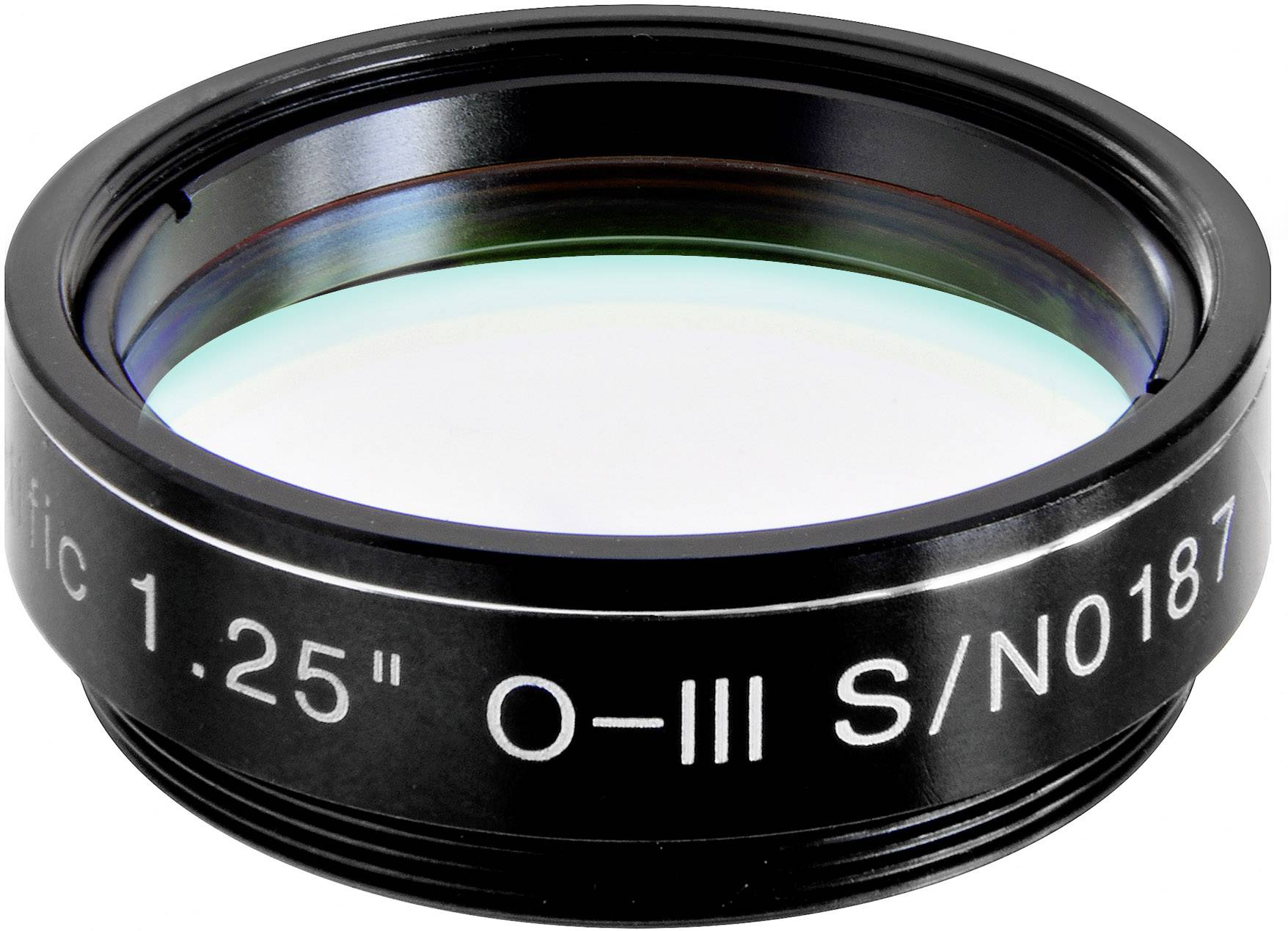 Ein schwarz gerahmter 1,25-Zoll-Filter mit der Aufschrift 'O-III S/N0187', verwendet in der Fotografie oder Astronomie zur Lichtfilterung.