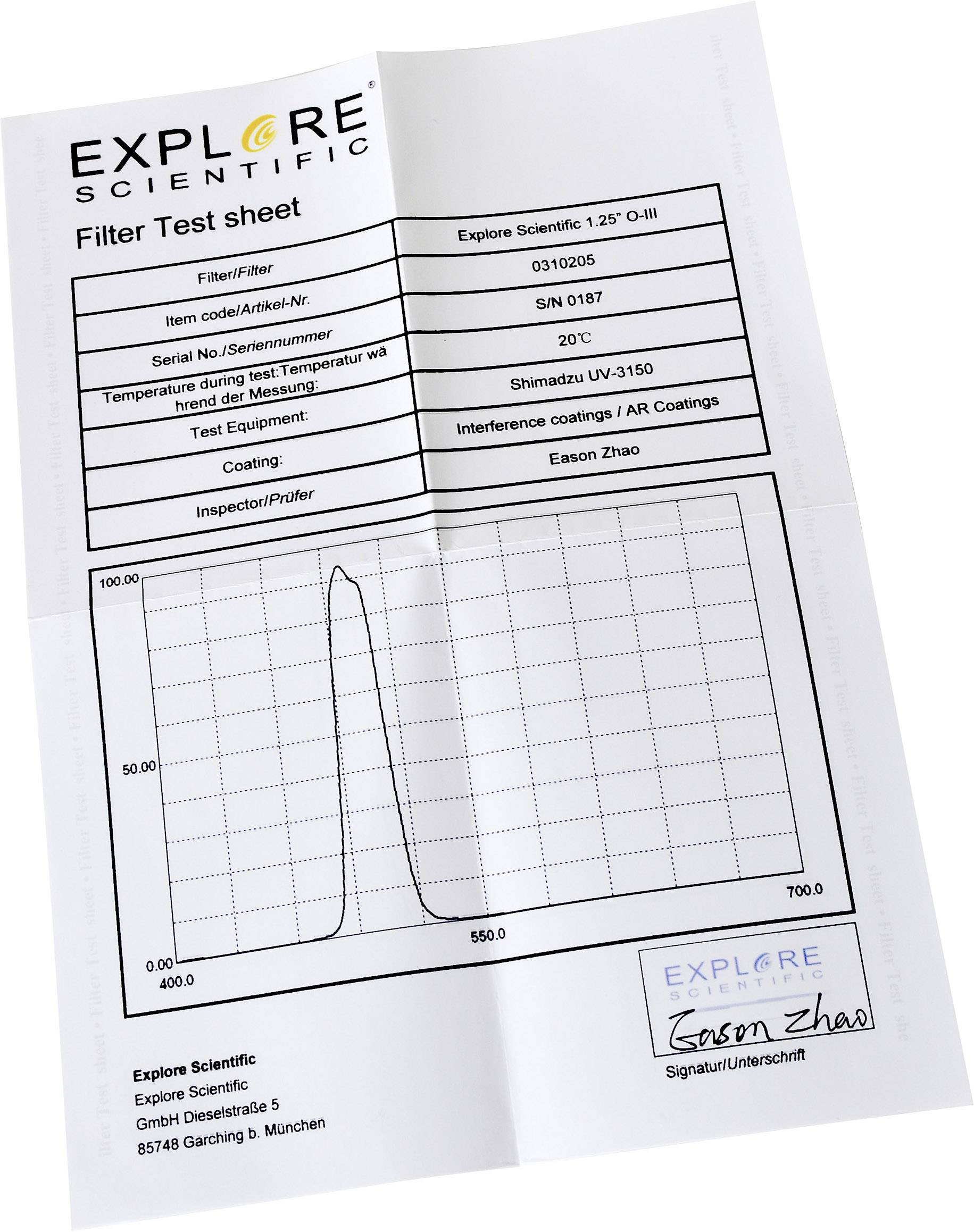'Filter Test Sheet' mit Seriennummer, Artikelnr., Temperatur, UV- und AR-Beschichtungen von Explore Scientific. Unterschrift von Eason Zhao.