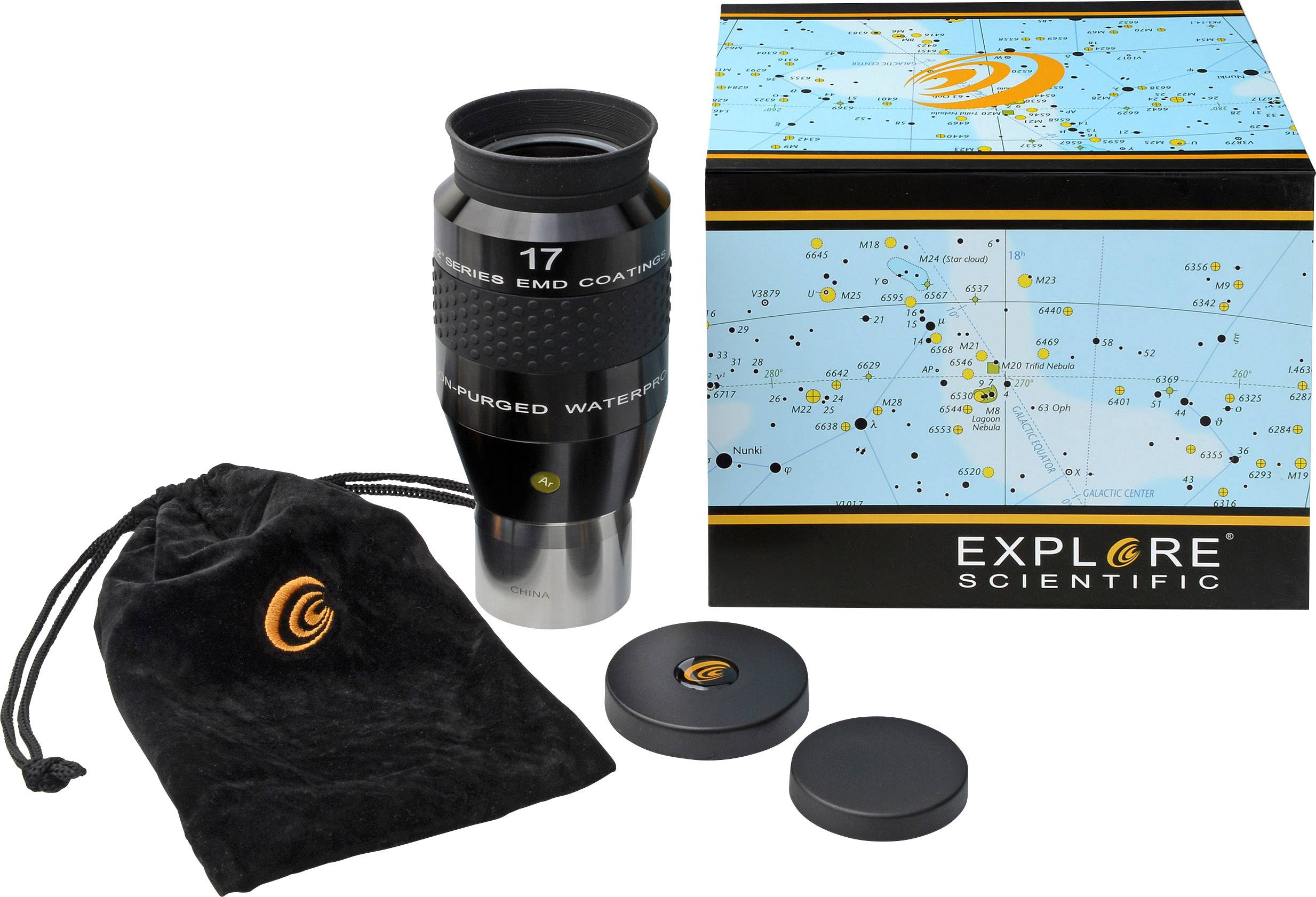 Ein Okular von Explore Scientific mit Zubehör: eine Schachtel, ein Aufbewahrungsbeutel und Schutzkappen. Enthalten ist eine Sternenkarte.