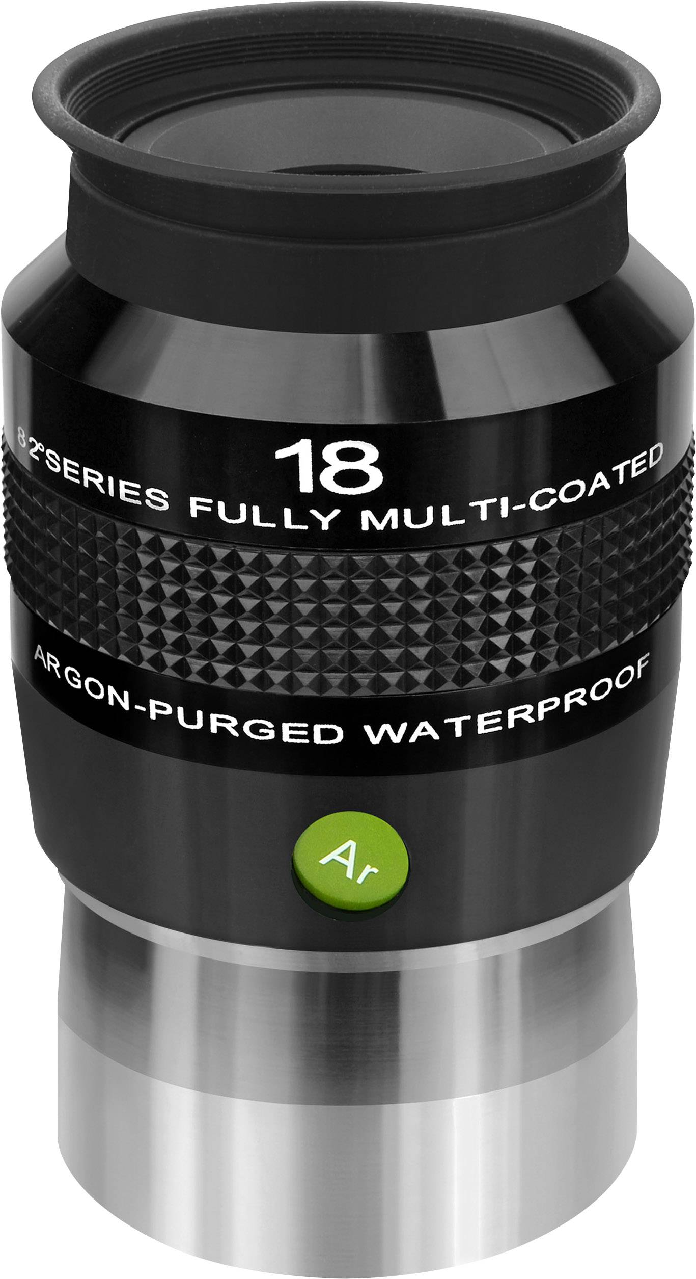 Ein schwarz-silbernes Teleskop-Okular mit der Aufschrift '18', 'EF Series Fully Multi-Coated', und 'Argon-Purged Waterproof'.