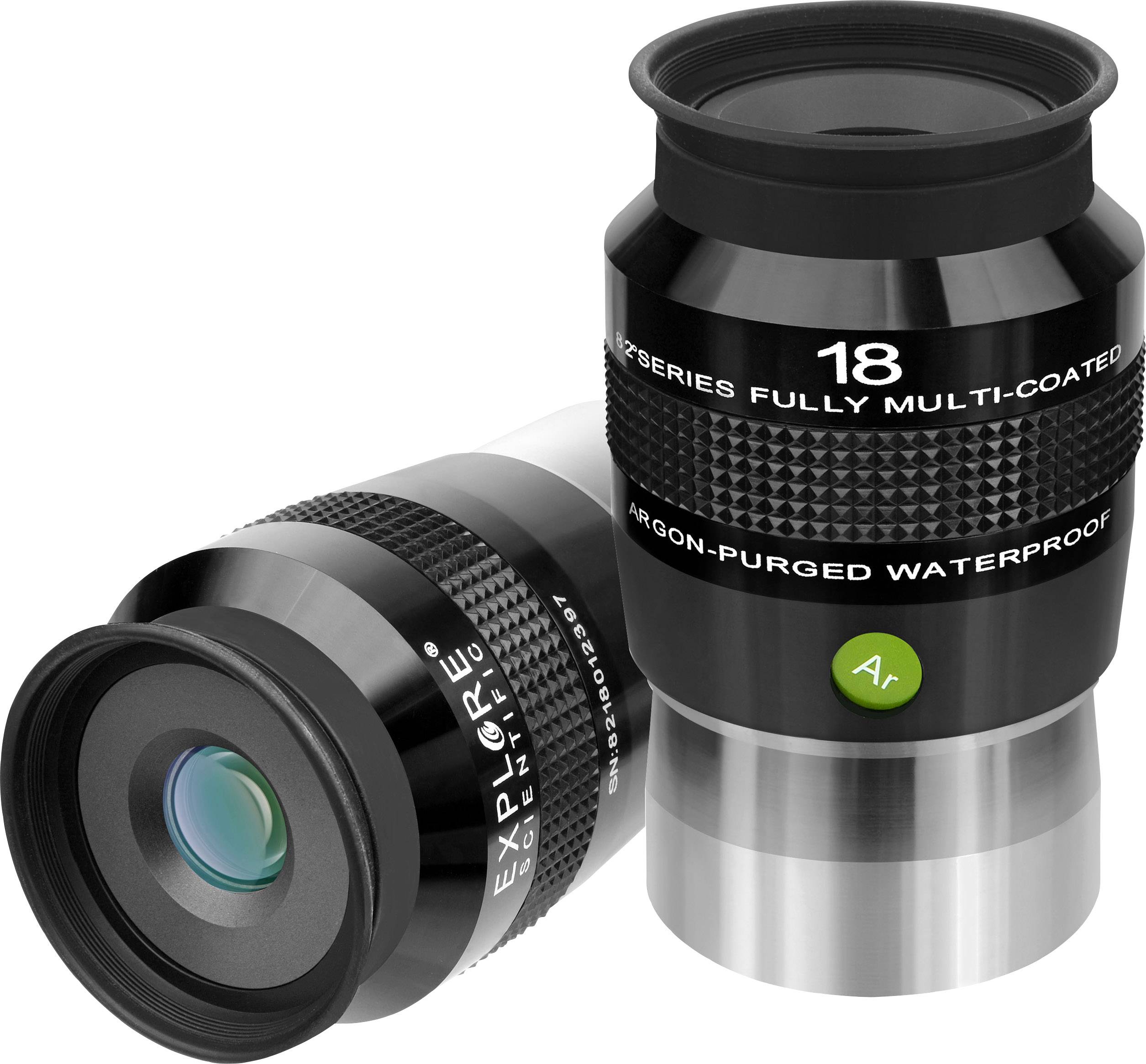 Zwei schwarze Teleskop-Okulare mit Aufschriften: '18mm', 'Fully Multi-Coated', 'Argon-Purged Waterproof'.