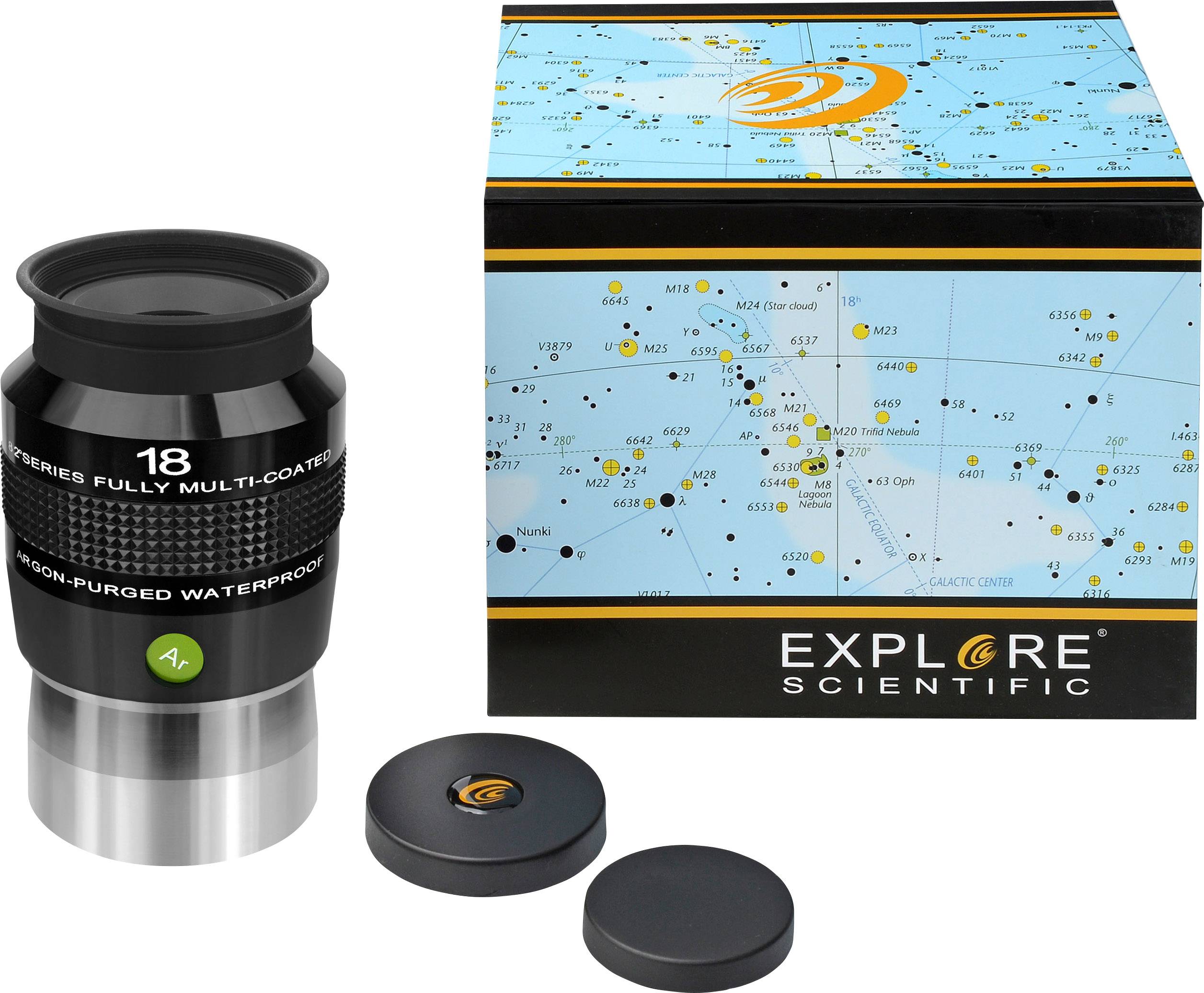 Teleskop-Okular mit Schachtel und Abdeckungen. Die Schachtel zeigt eine Sternenkarte. Marke: Explore Scientific.