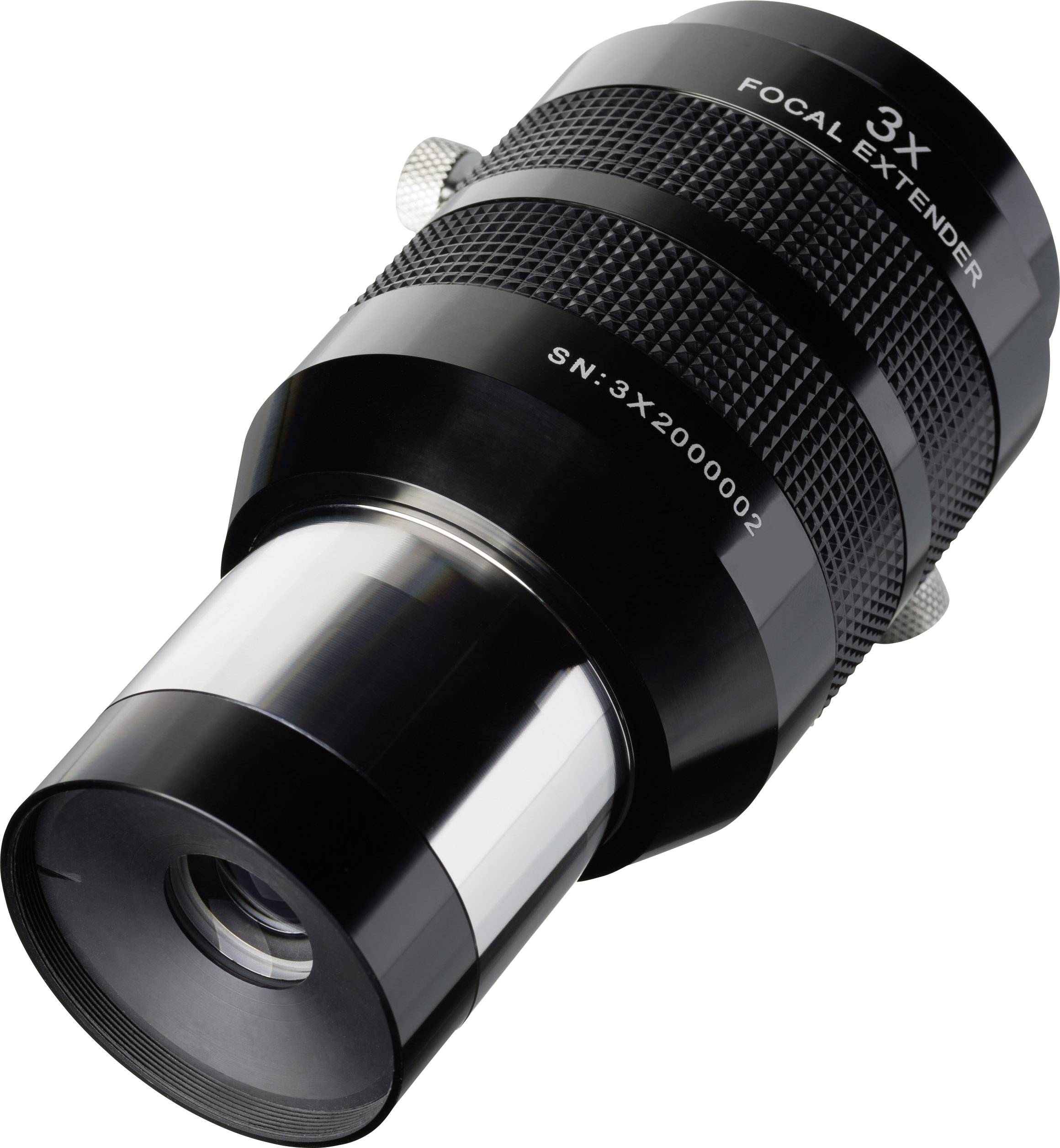 Schwarzer Fokusextender mit Aufschrift '3X Focal Extender'. Metalldetails sichtbar. Verwendet zur Vergrößerung in optischen Geräten.