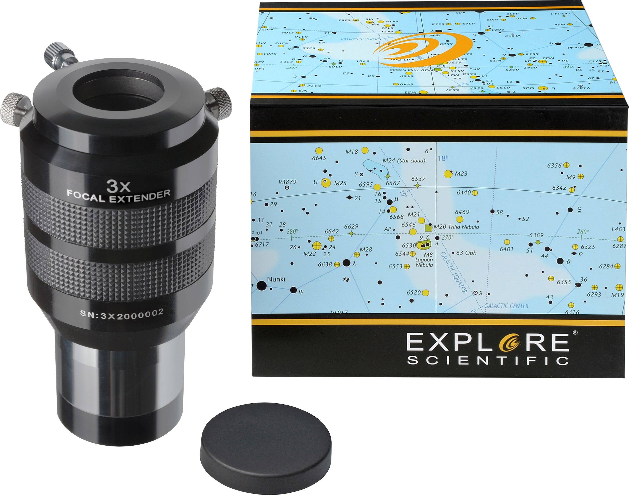 Ein schwarz-silberner 3x Brennweitenverlängerer von Explore Scientific, abgebildet neben einer Schachtel mit Sternkarte.